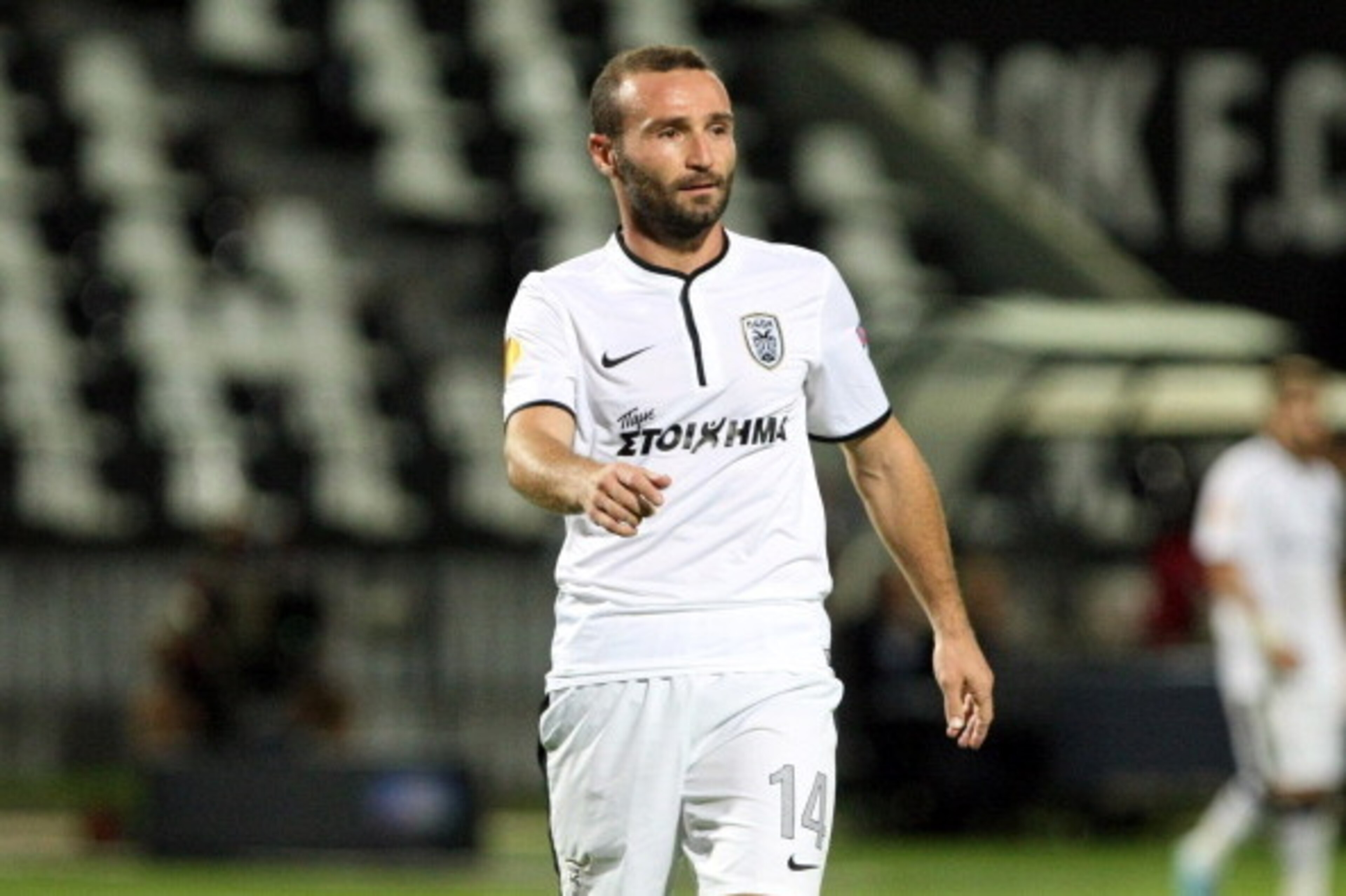 THESSALONIKI, GREECE - SEPTEMBER 19:  Dimitris Salpingidis of PAOK FC in action during the UEFA Europa League group stage match between PAOK FC and FC Shakhter Karagandy held on September 19, 2013 at the Stadio Toumba in Thessaloniki, Greece. (Photo by Sa