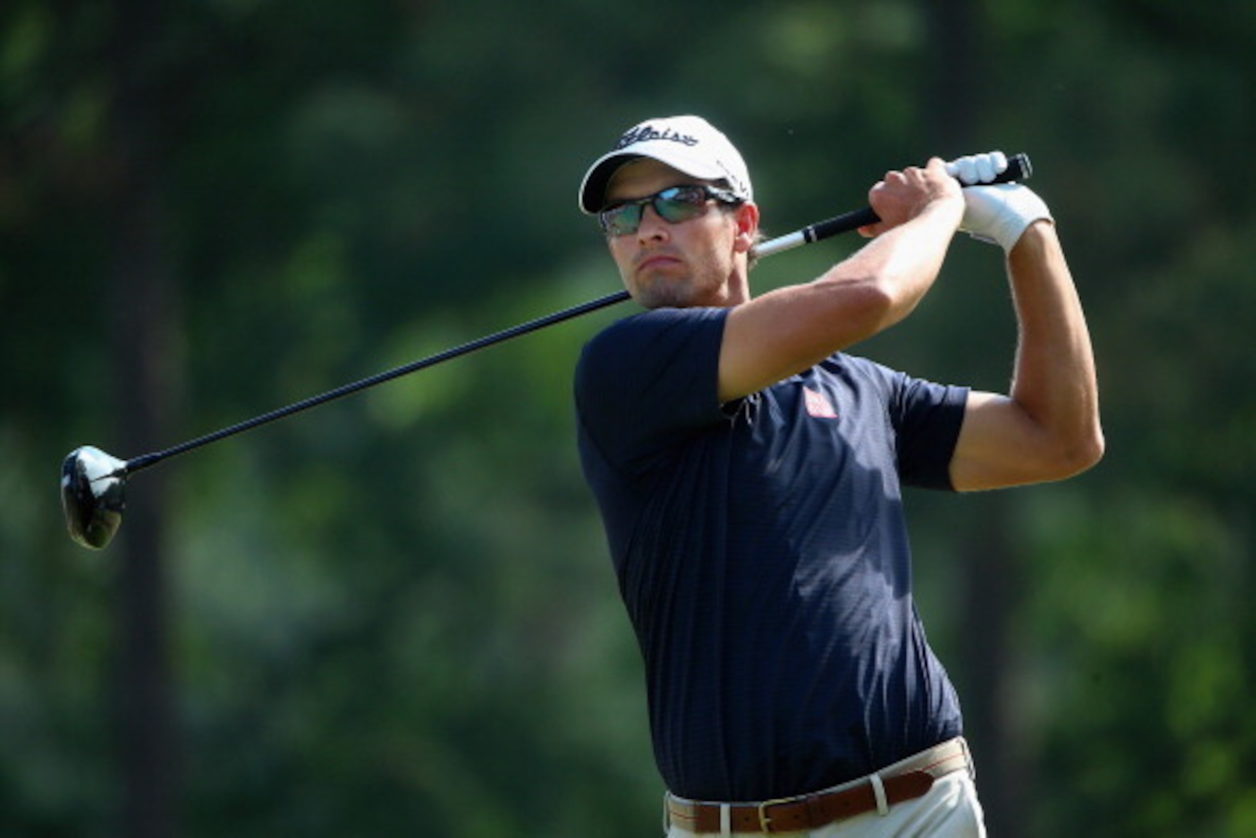 PINEHURST, NC - JUNE 13:  Adam Scott of Australia watches his tee shot on the 18th hole during the second round of the 114th U.S. Open at Pinehurst Resort & Country Club, Course No. 2 on June 13, 2014 in Pinehurst, North Carolina.  (Photo by Andrew Reding
