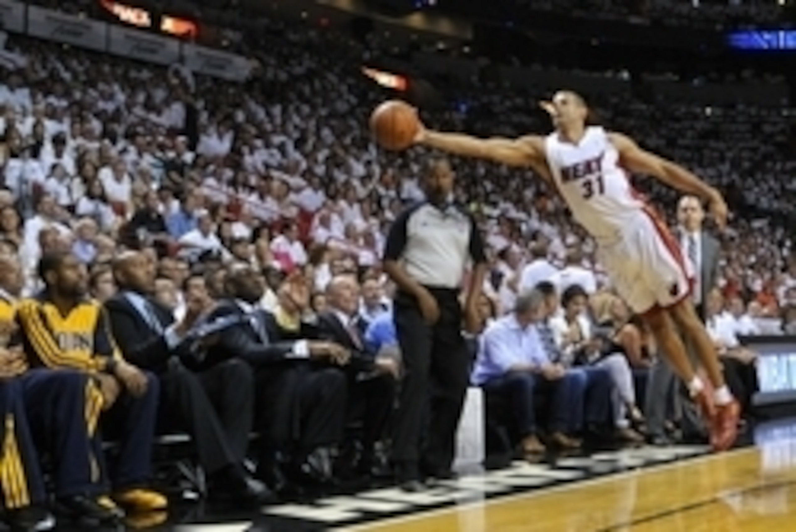 May 26, 2014; Miami, FL, USA; Miami Heat forward Shane Battier (31) reaches out to save the ball against the Indiana Pacers in game four of the Eastern Conference Finals of the 2014 NBA Playoffs at American Airlines Arena. Mandatory Credit: Steve Mitchell