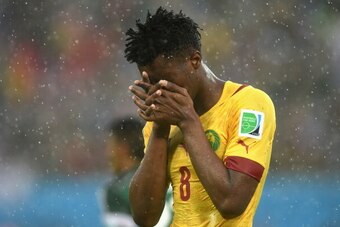 NATAL, BRAZIL - JUNE 13:  Benjamin Moukandjo of Cameroon reacts after a missed chance late in the game during the 2014 FIFA World Cup Brazil Group A match between Mexico and Cameroon at Estadio das Dunas on June 13, 2014 in Natal, Brazil.  (Photo by Matth