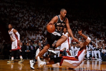 MIAMI, FL - JUNE 12: Boris Diaw #33 of the San Antonio Spurs dribbles up the court against the Miami Heat during Game Six of the 2014 NBA Finals on June 12, 2014 at American Airlines Arena in Miami, Florida. NOTE TO USER: User expressly acknowledges and a