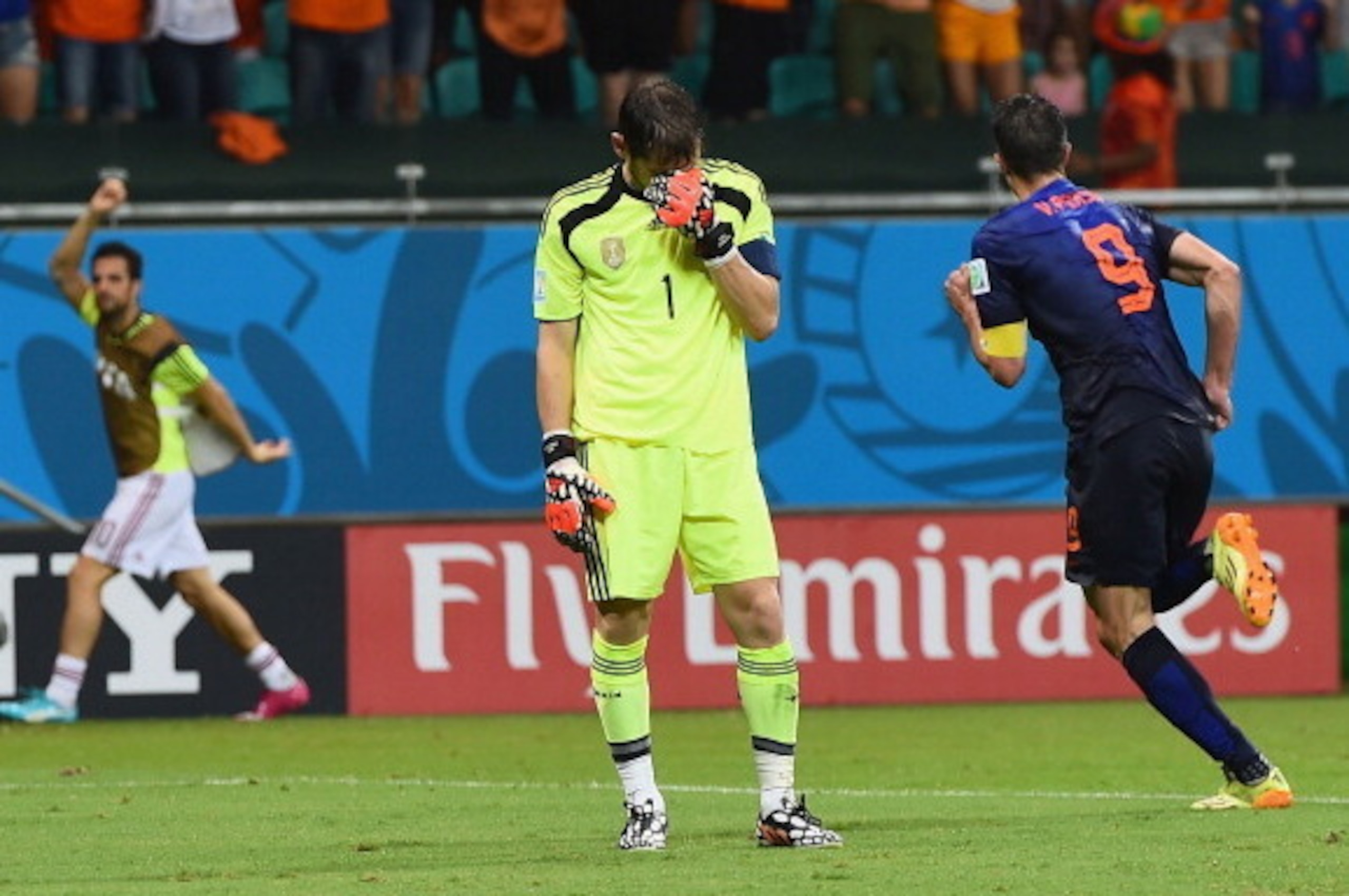 SALVADOR, BRAZIL - JUNE 13:  Iker Casillas of Spain reacts after allowing the Netherlands fourth goal to Robin van Persie during the 2014 FIFA World Cup Brazil Group B match between Spain and Netherlands at Arena Fonte Nova on June 13, 2014 in Salvador, B