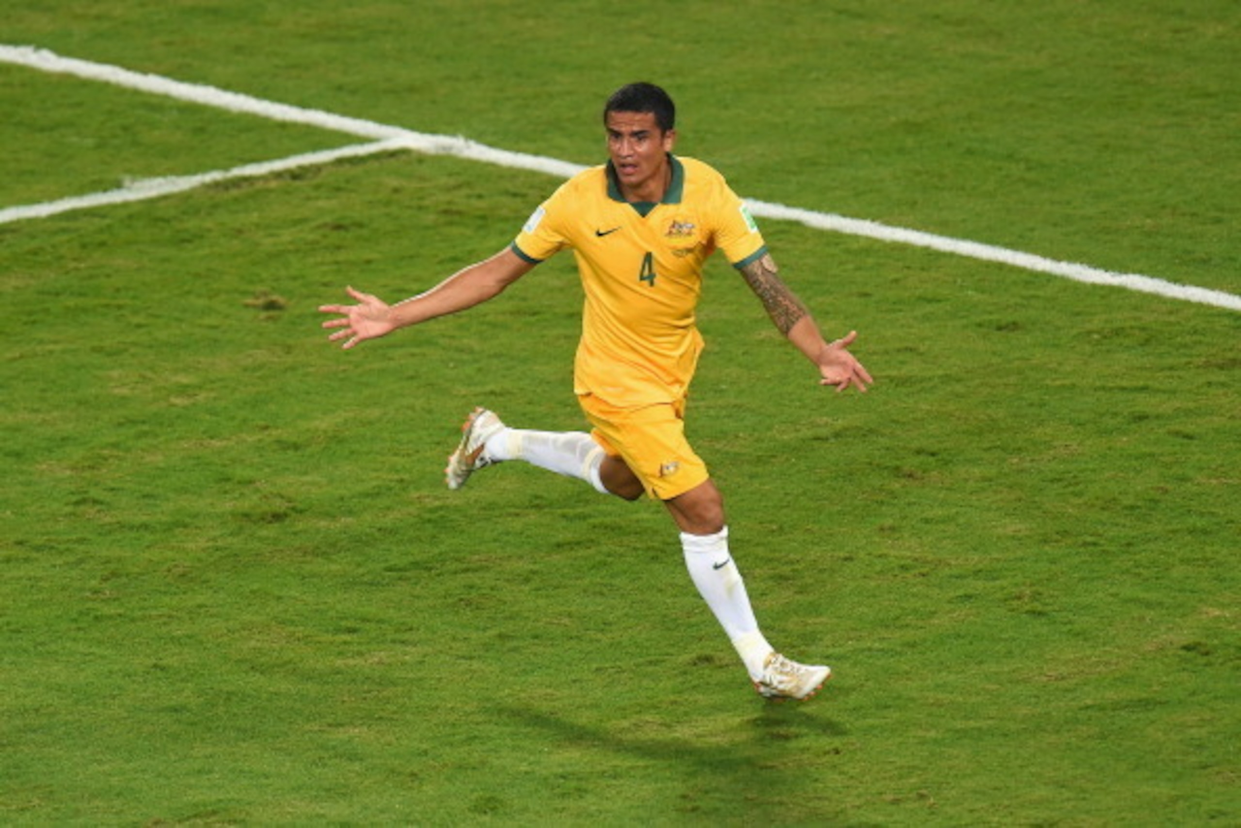 CUIABA, BRAZIL - JUNE 13:  Tim Cahill of Australia reacts after a disallowed goal during the 2014 FIFA World Cup Brazil Group B match between Chile and Australia at Arena Pantanal on June 13, 2014 in Cuiaba, Brazil.  (Photo by Stu Forster/Getty Images)