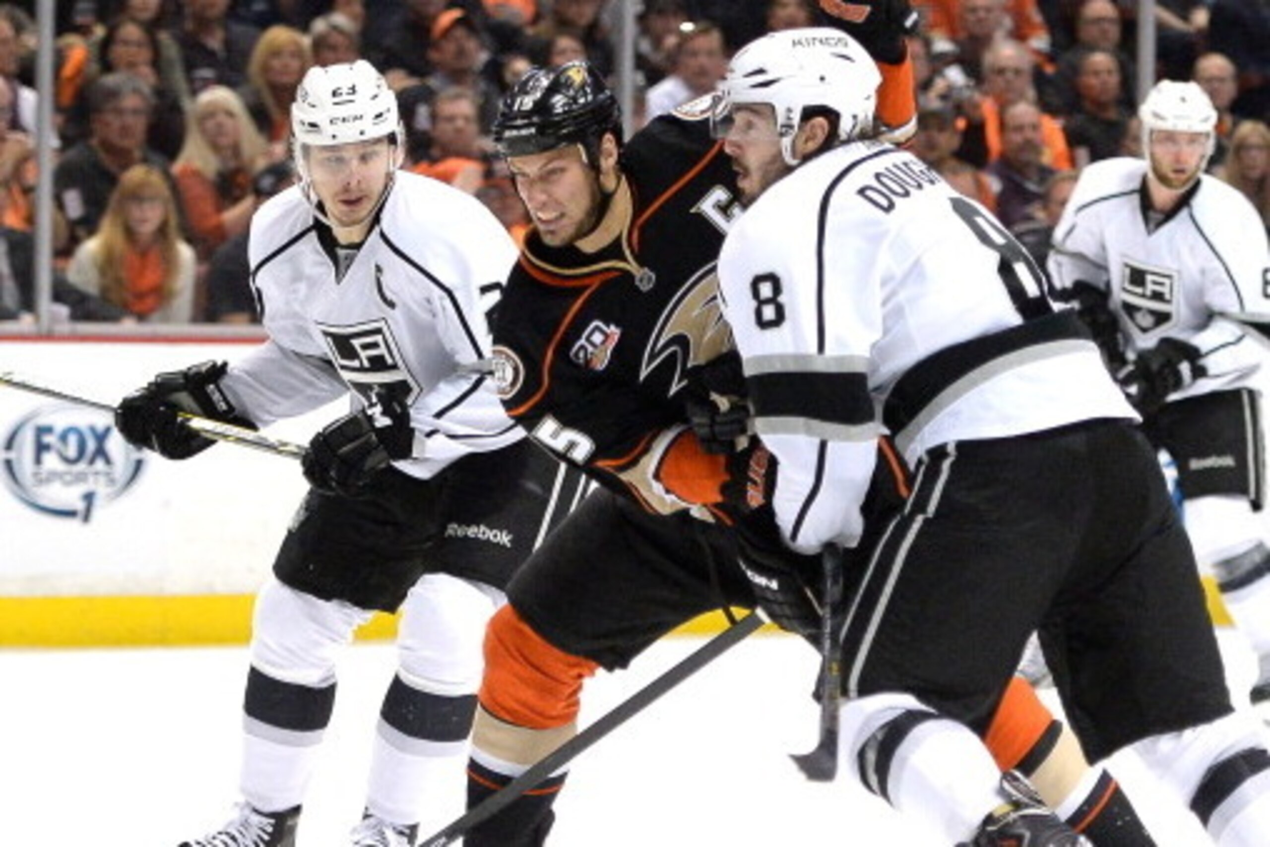 ANAHEIM, CA - MAY 05:  Ryan Getzlaf #15 of the Anaheim Ducks skates to the front of the net between Drew Doughty #8 and Dustin Brown #23 of the Los Angeles Kings during the first period in Game Two of the Second Round of the 2014 NHL Stanley Cup Playoffs 