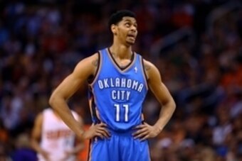 Apr 6, 2014; Phoenix, AZ, USA; Oklahoma City Thunder guard Jeremy Lamb (11) against the Phoenix Suns at US Airways Center. The Suns defeated the Thunder 122-115. Mandatory Credit: Mark J. Rebilas-USA TODAY Sports