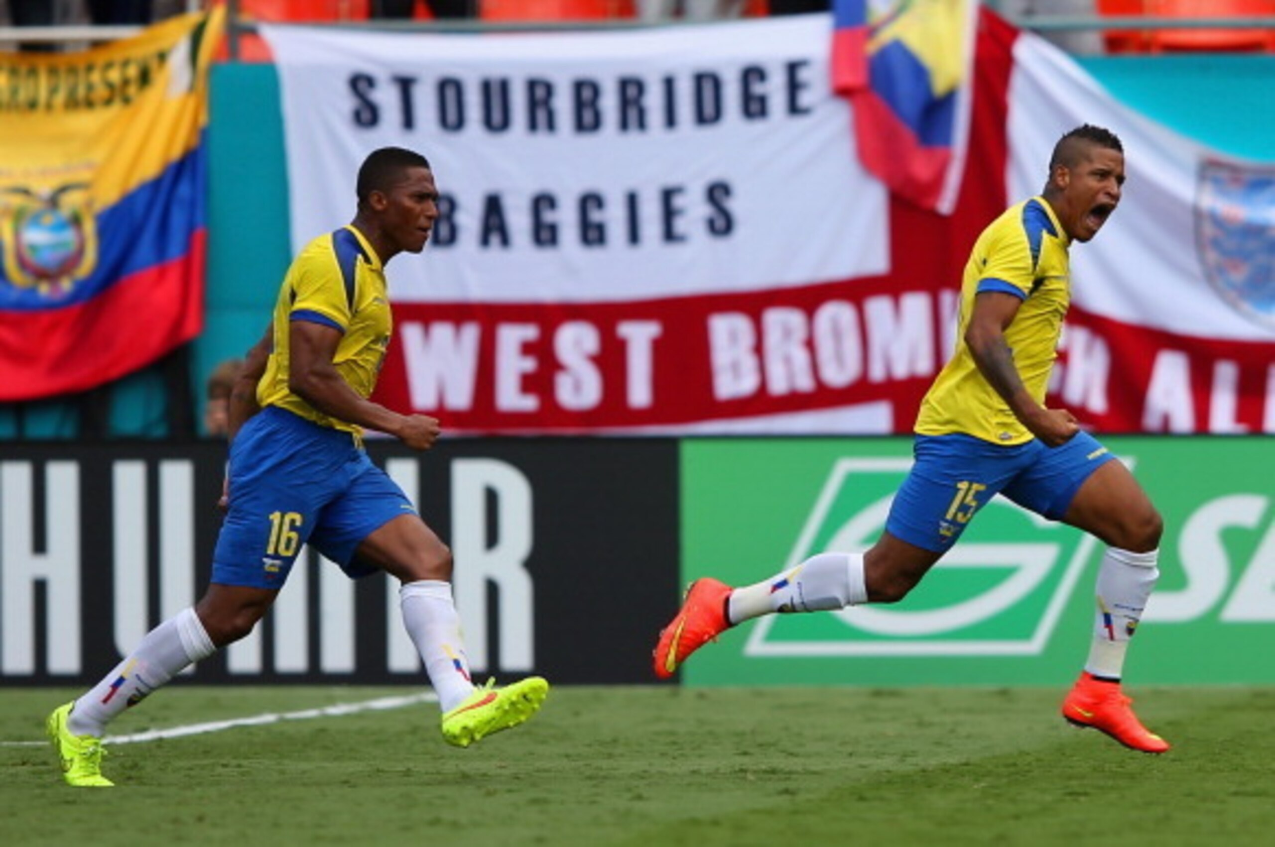 MIAMI GARDENS, FL - JUNE 04: Michael Arroyo of Ecuador celebrates scoring their second goal with Luis Antonio Valencia of Ecuador during the International friendly match between England and Ecuador at Sun Life Stadium on June 4, 2014 in Miami Gardens, Flo
