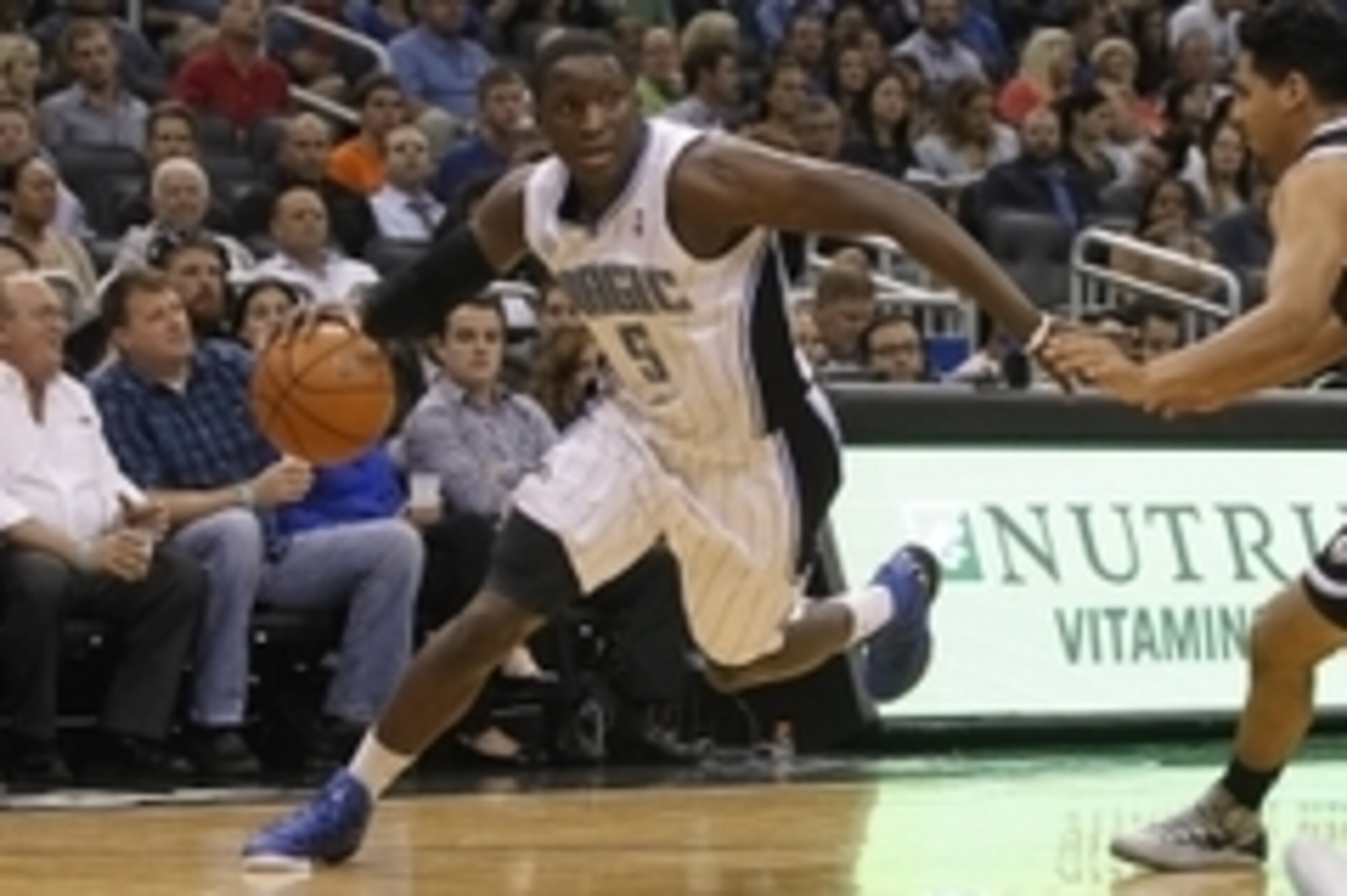 Apr 9, 2014; Orlando, FL, USA; Orlando Magic guard Victor Oladipo (5) drives to the basket against the Brooklyn Nets during the second half at Amway Center. Orlando Magic defeated the Brooklyn Nets 115-111. Mandatory Credit: Kim Klement-USA TODAY Sports
