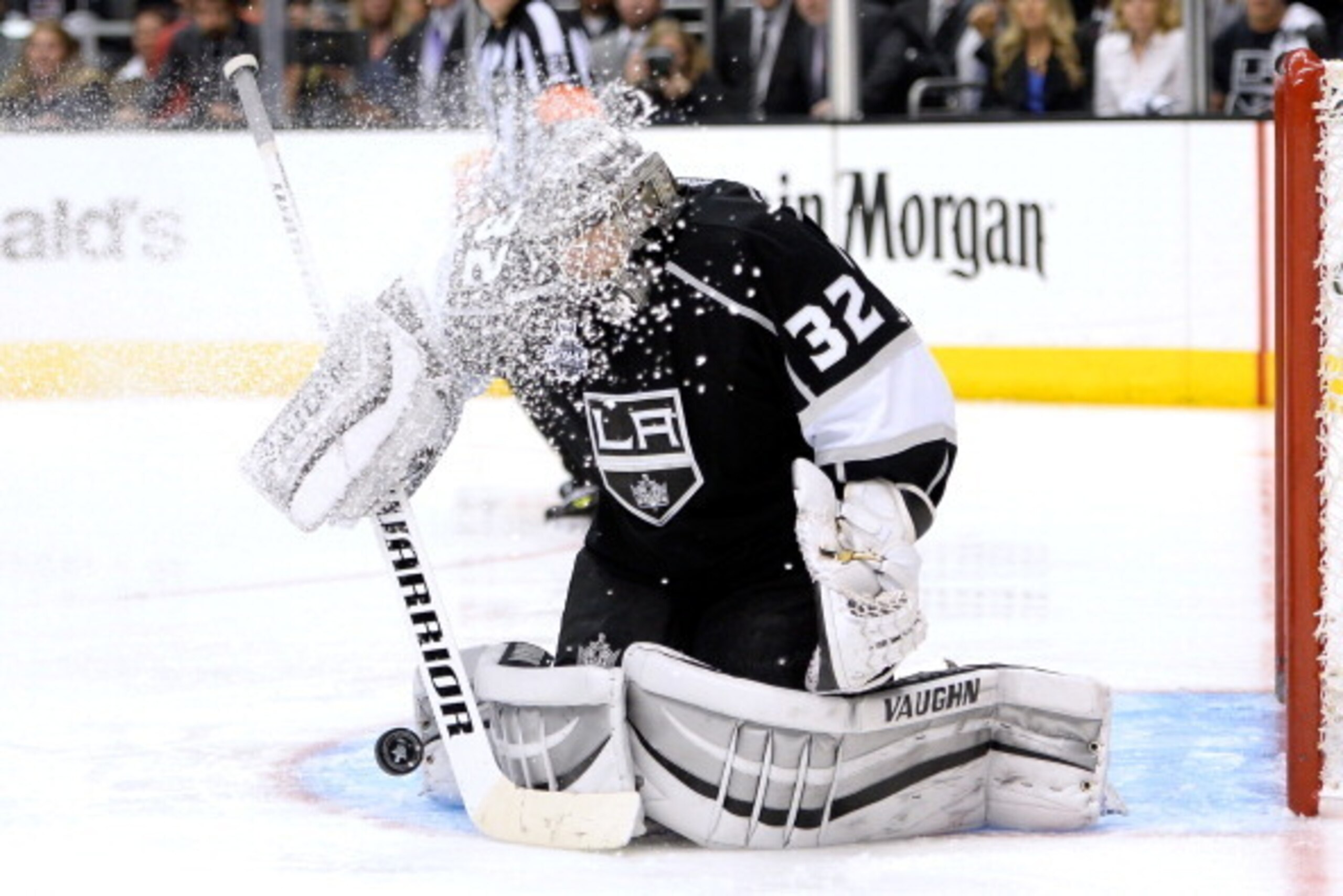 LOS ANGELES, CA - JUNE 13: Goaltender Jonathan Quick #32 of the Los Angeles Kings makes a save as ice flies into his mask in double overtime against the New York Rangers during Game Five of the 2014 Stanley Cup Final at Staples Center on June 13, 2014 in LOS ANGELES, CA - JUNE 13: Goaltender Jonathan Quick #32 of the Los Angeles Kings makes a save as ice flies into his mask in double overtime against the New York Rangers during Game Five of the 2014 Stanley Cup Final at Staples Center on June 13, 2014 in