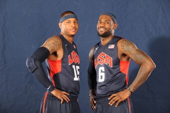 LAS VEGAS, NV - JULY 9: Carmelo Anthony #15 and LeBron James #6 of the US Men's Senior National Team during training camp on July 9, 2012 in Las Vegas, Nevada. NOTE TO USER: User expressly acknowledges and agrees that, by downloading and/or using this Pho
