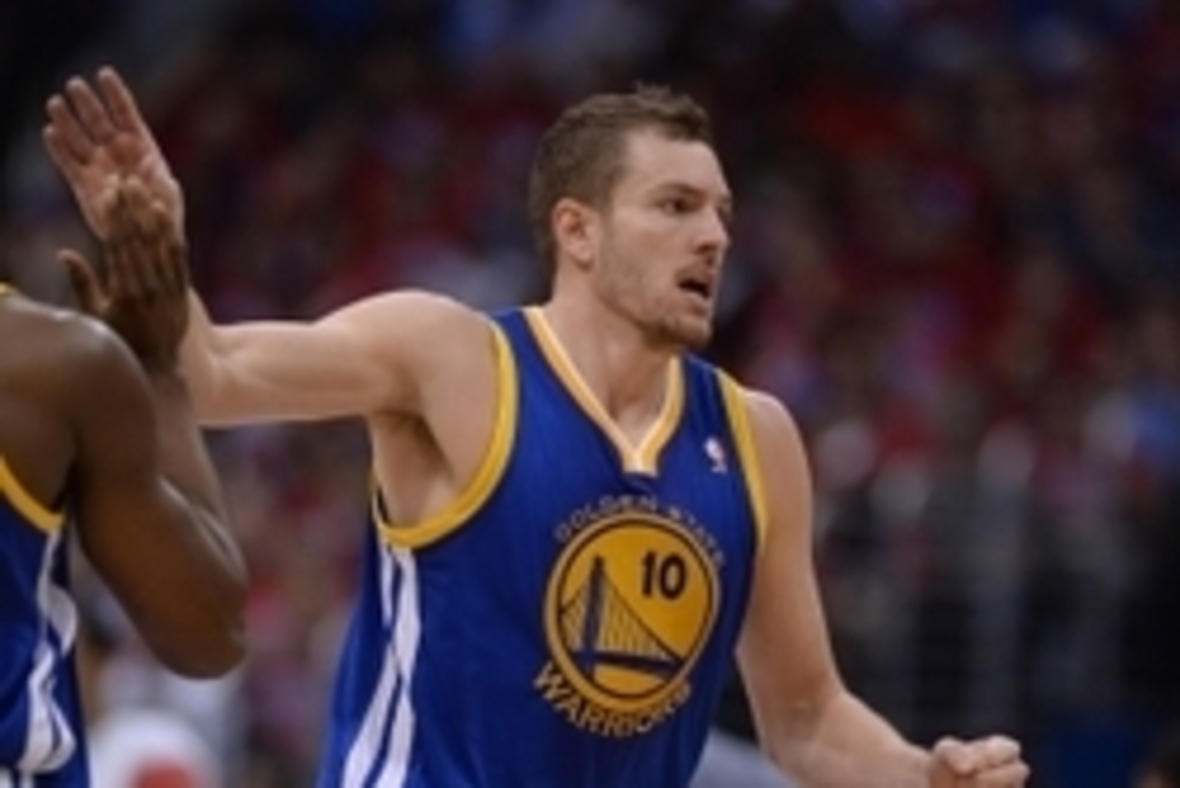 Apr 19, 2014; Los Angeles, CA, USA; Golden State Warriors forward David Lee (10) in the second half of game one of the first round of the 2014 NBA Playoffs at Staples Center. Warriors won 109-105. Mandatory Credit: Jayne Kamin-Oncea-USA TODAY Sports