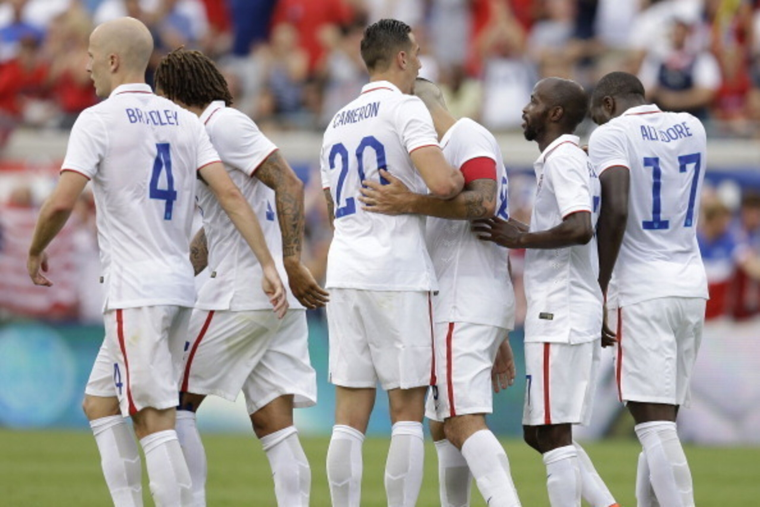 JACKSONVILLE, FL - JUNE 07: Members of the United States team celebrate after the goal by Jozy Altidore #17 (right) during the international friendly match against Nigeria at EverBank Field on June 7, 2014 in Jacksonville, Florida. (Photo by Mike Zarrilli
