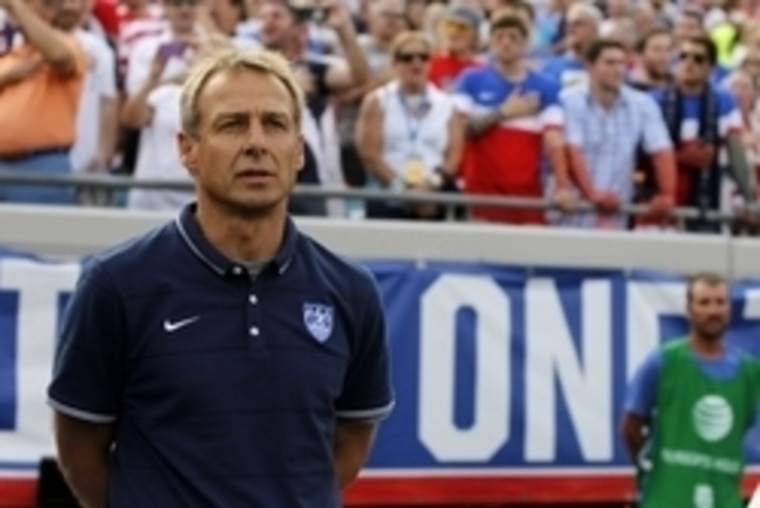 Jun 7, 2014; Jacksonville, FL, USA; United States head coach Jurgen Klinsmann during the national anthem against the Nigeria at EverBank Field. Mandatory Credit: Kim Klement-USA TODAY Sports
