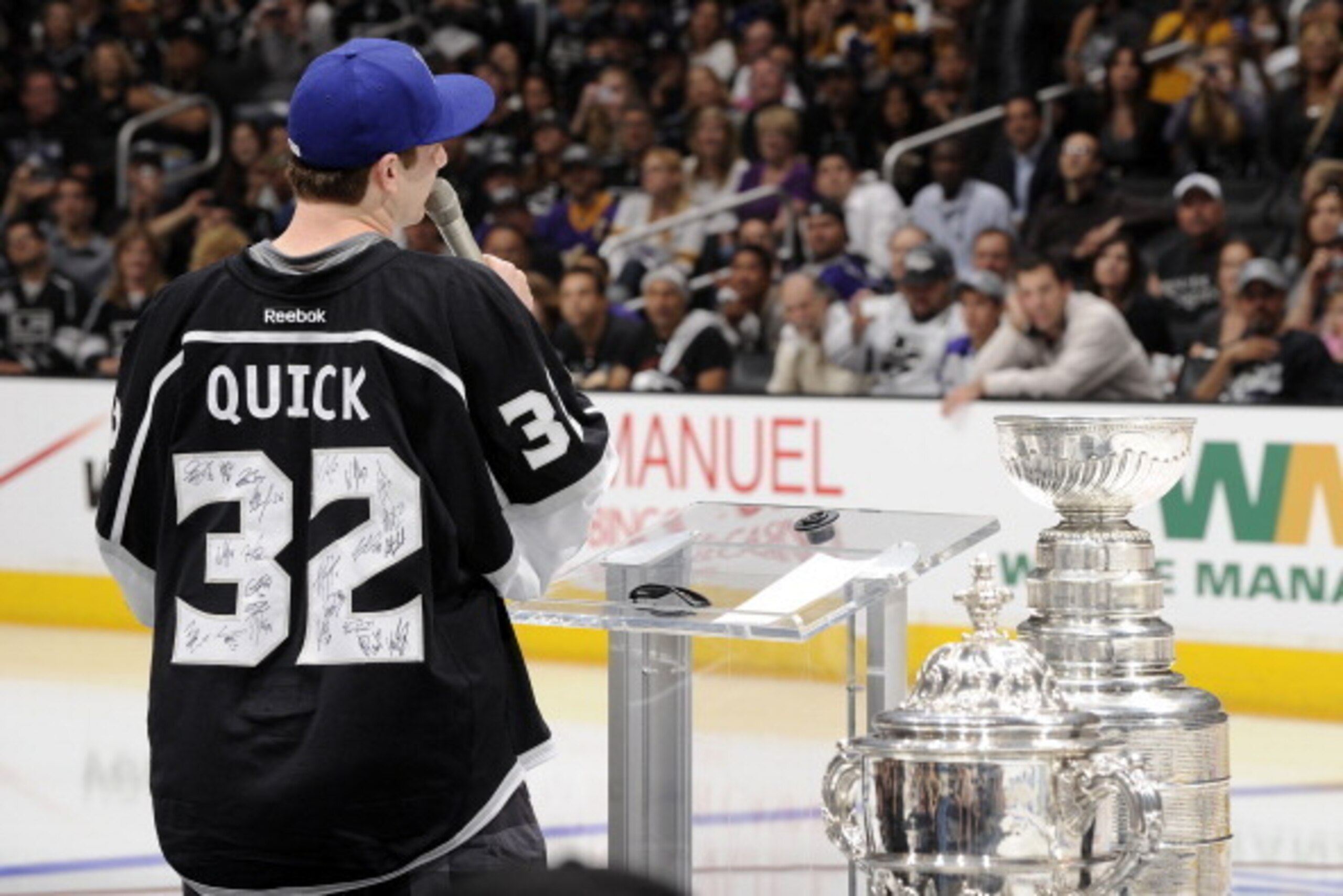LOS ANGELES, CA - JUNE 14:  Jonathan Quick #32 of the Los Angeles Kings during the Los Angeles Kings Championship Parade and Rally on June 14, 2012 in Los Angels, California. (Photo by Evan Gole/NHLI via Getty Images)