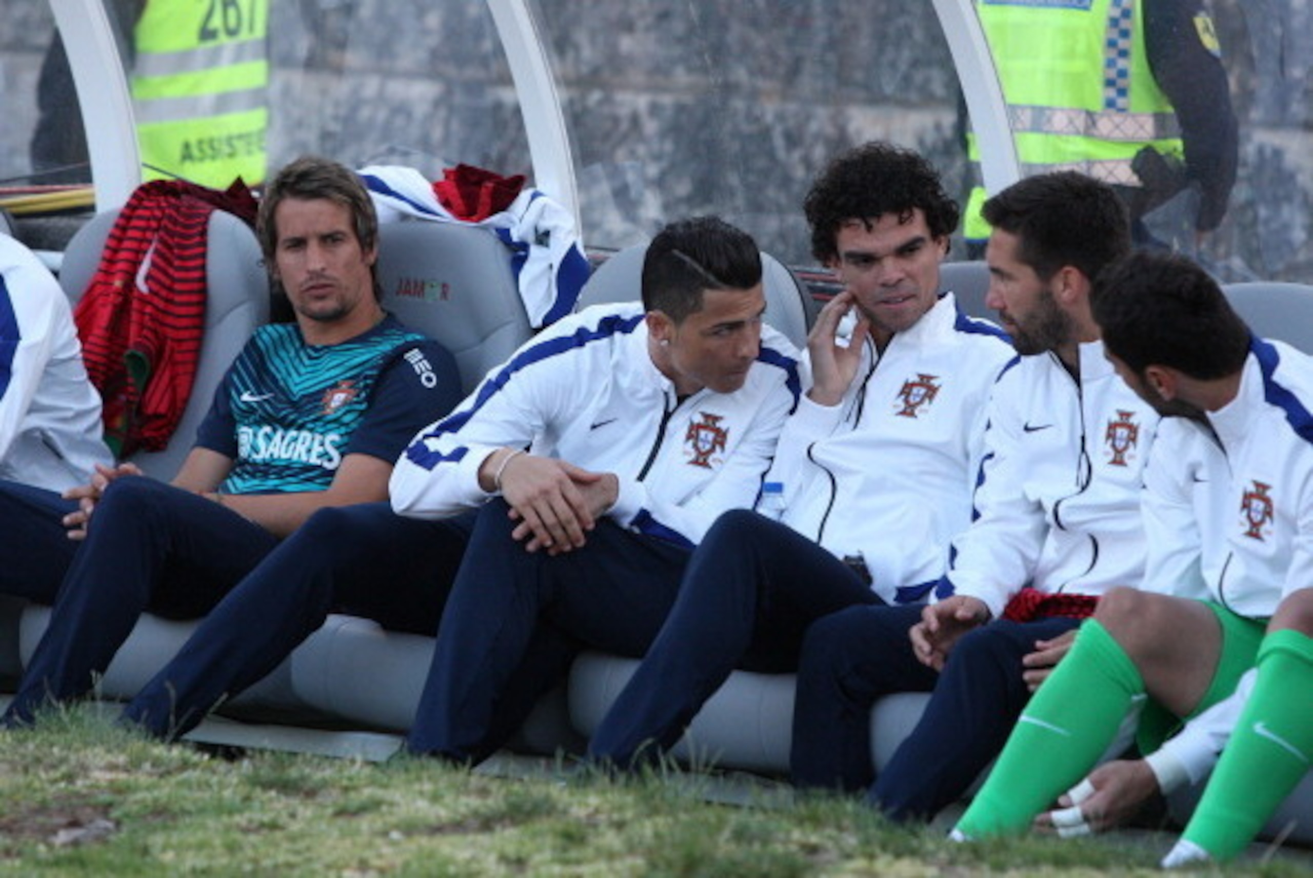 LISBON, PORTUGAL - MAY 31:  Cristiano Ronaldo of Portugal talking with teammates before the International Friendly between Portugal and Greece at the National Stadium on May 31, 2014 in Lisbon, Portugal. (Photo by Gualter Fatia/Getty Images)