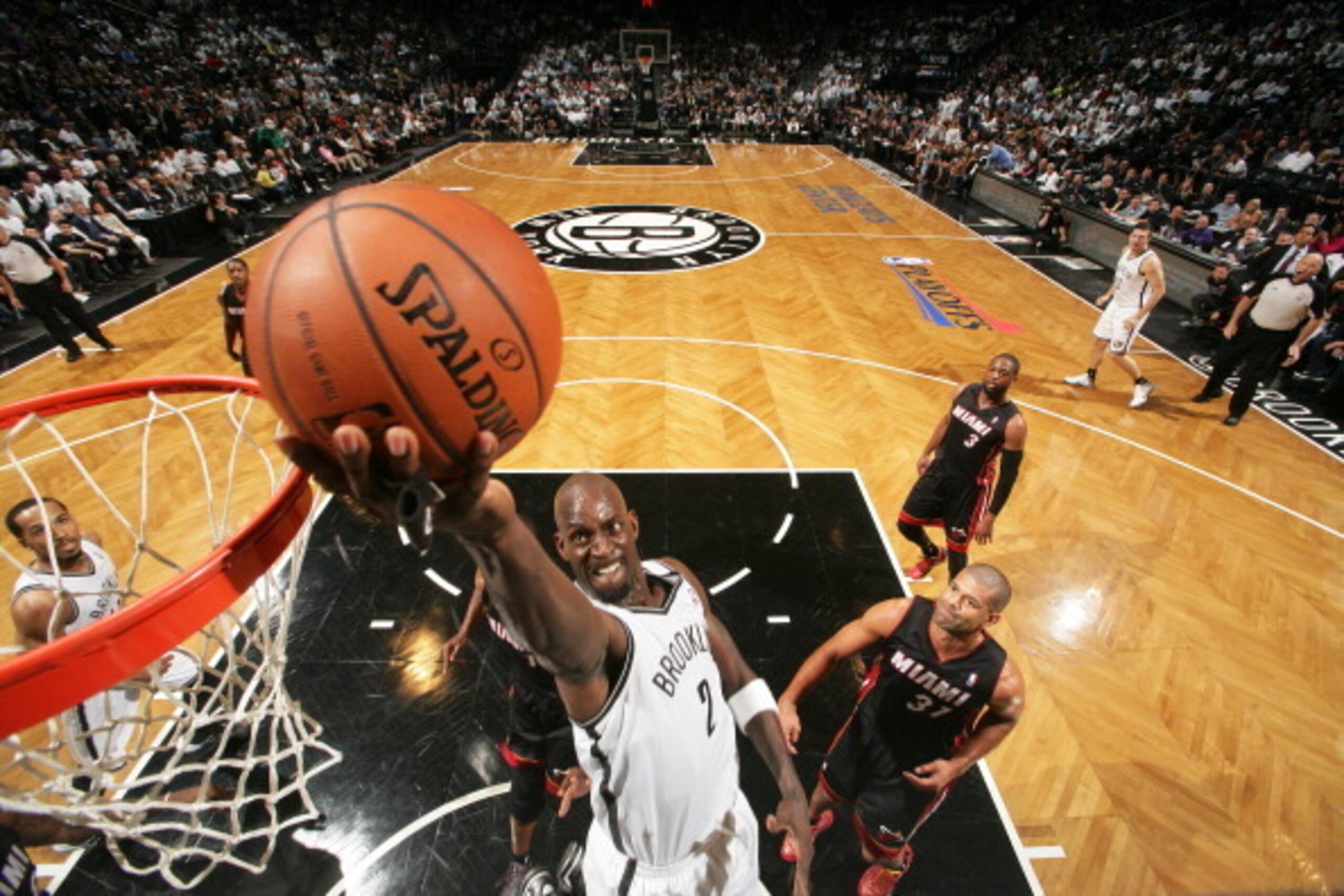 BROOKLYN, NY - MAY 10: Kevin Garnett #2 of the Brooklyn Nets goes up for a shot against the Miami Heat during Game Three of the Eastern Conference Semifinals on May 10, 2014 at Barclays Center in Brooklyn. NOTE TO USER: User expressly acknowledges and agr