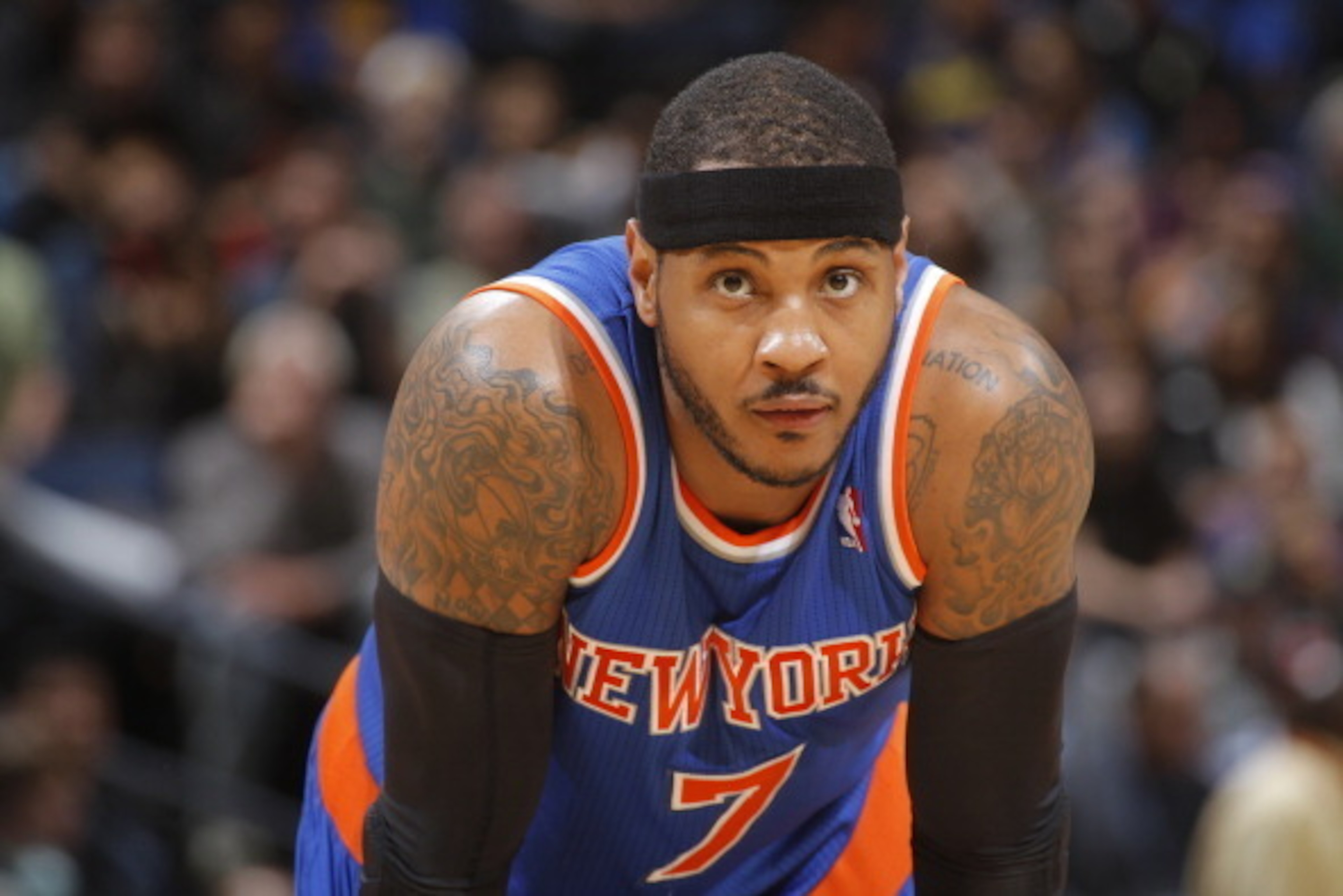 OAKLAND, CA - MARCH 30: Carmelo Anthony #7 of the New York Knicks in a game against the Golden State Warriors on March 30, 2014 at Oracle Arena in Oakland, California. NOTE TO USER: User expressly acknowledges and agrees that, by downloading and or using 