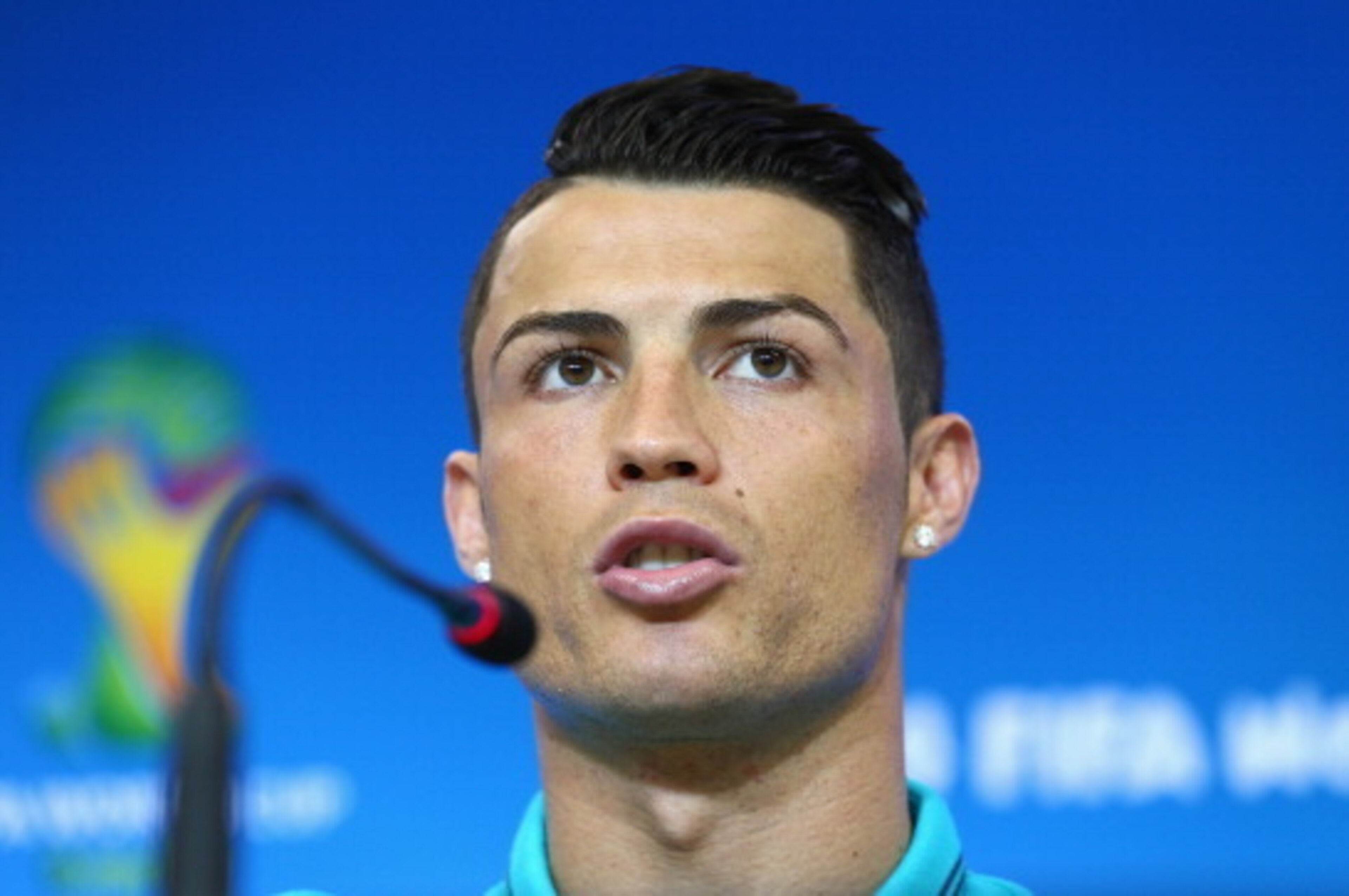 SALVADOR, BRAZIL - JUNE 15: Cristiano Ronaldo talks to the media during the Portugal press conference ahead of the 2014 FIFA World Cup Group G match between Germany and Portugal held at the Arena Fonte Novaon June 15, 2014 in Salvador, Brazil. (Photo by SALVADOR, BRAZIL - JUNE 15: Cristiano Ronaldo talks to the media during the Portugal press conference ahead of the 2014 FIFA World Cup Group G match between Germany and Portugal held at the Arena Fonte Novaon June 15, 2014 in Salvador, Brazil. (Photo by
