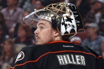 ANAHEIM, CA - MAY 5:  Jonas Hiller #1 of the Anaheim Ducks looks on during warmups before the game against the Los Angeles Kings in Game Two of the Second Round of the 2014 Stanley Cup Playoffs at Honda Center on May 5, 2014 in Anaheim, California. (Photo