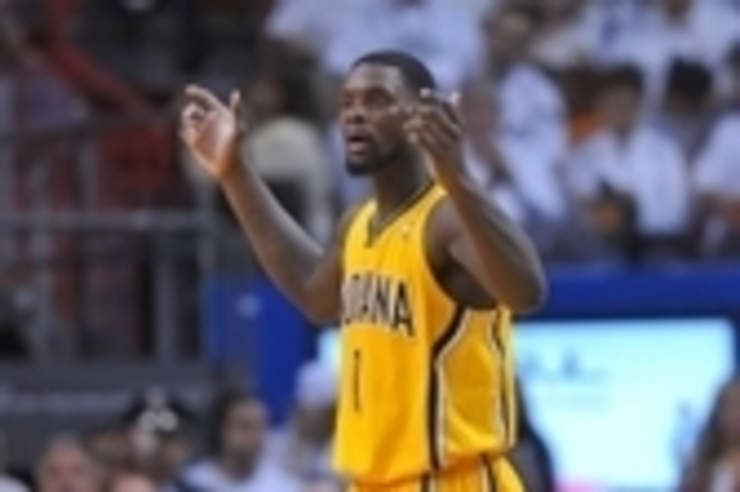 May 24, 2014; Miami, FL, USA; Indiana Pacers guard Lance Stephenson (1) reacts after being called for a foul during a game against the Miami Heat in game three of the Eastern Conference Finals of the 2014 NBA Playoffs at American Airlines Arena. Mandatory