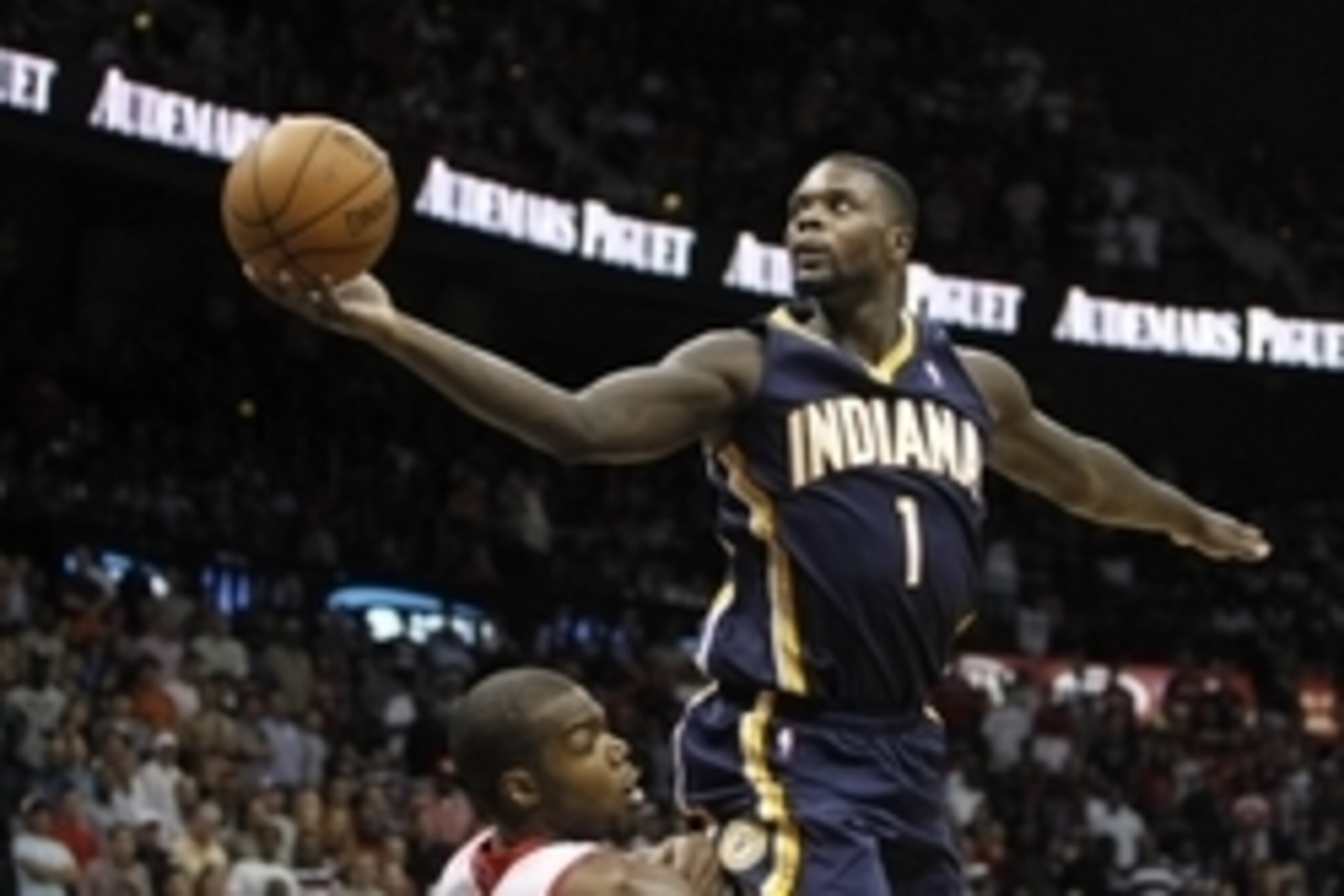 Apr 24, 2014; Atlanta, GA, USA; Indiana Pacers guard Lance Stephenson (1) shoots the ball against the Atlanta Hawks in the fourth quarter in game three of the first round of the 2014 NBA Playoffs at Philips Arena. The Hawks defeated the Pacers 98-85. Mand