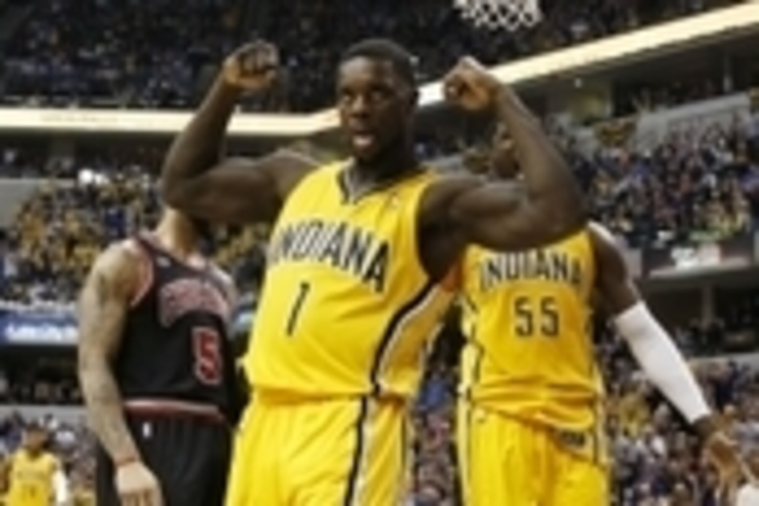 Mar 21, 2014; Indianapolis, IN, USA; Indiana Pacers guard Lance Stephenson (1) reacts after scoring and getting fouled by the Chicago Bulls at Bankers Life Fieldhouse. Mandatory Credit: Brian Spurlock-USA TODAY Sports