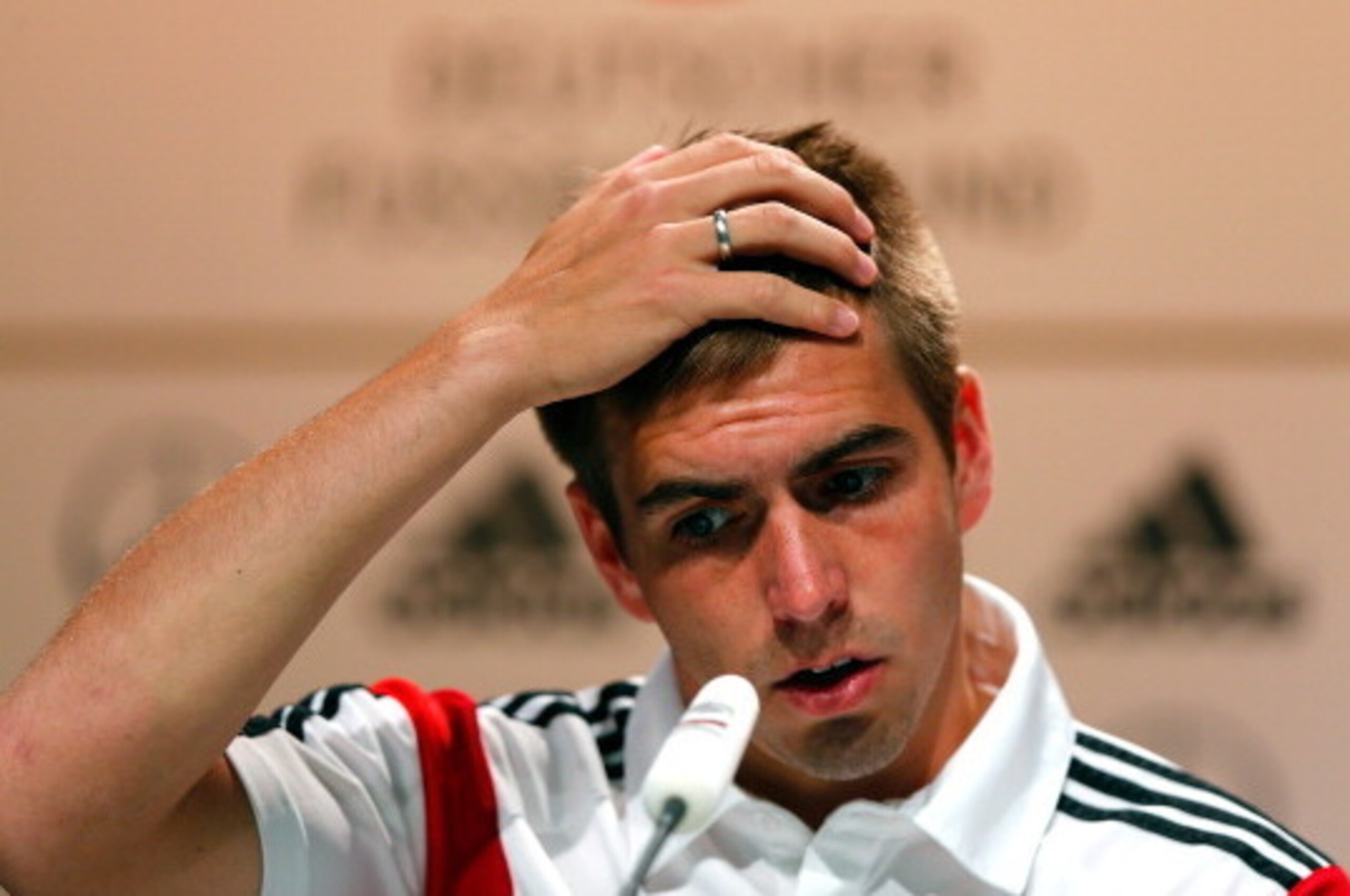 SANTO ANDRE, BRAZIL - JUNE 10:  Philipp Lahm talks to the media during the German National team press conference at Campo Bahia on June 10, 2014 in Santo Andre, Brazil.  (Photo by Martin Rose/Getty Images)