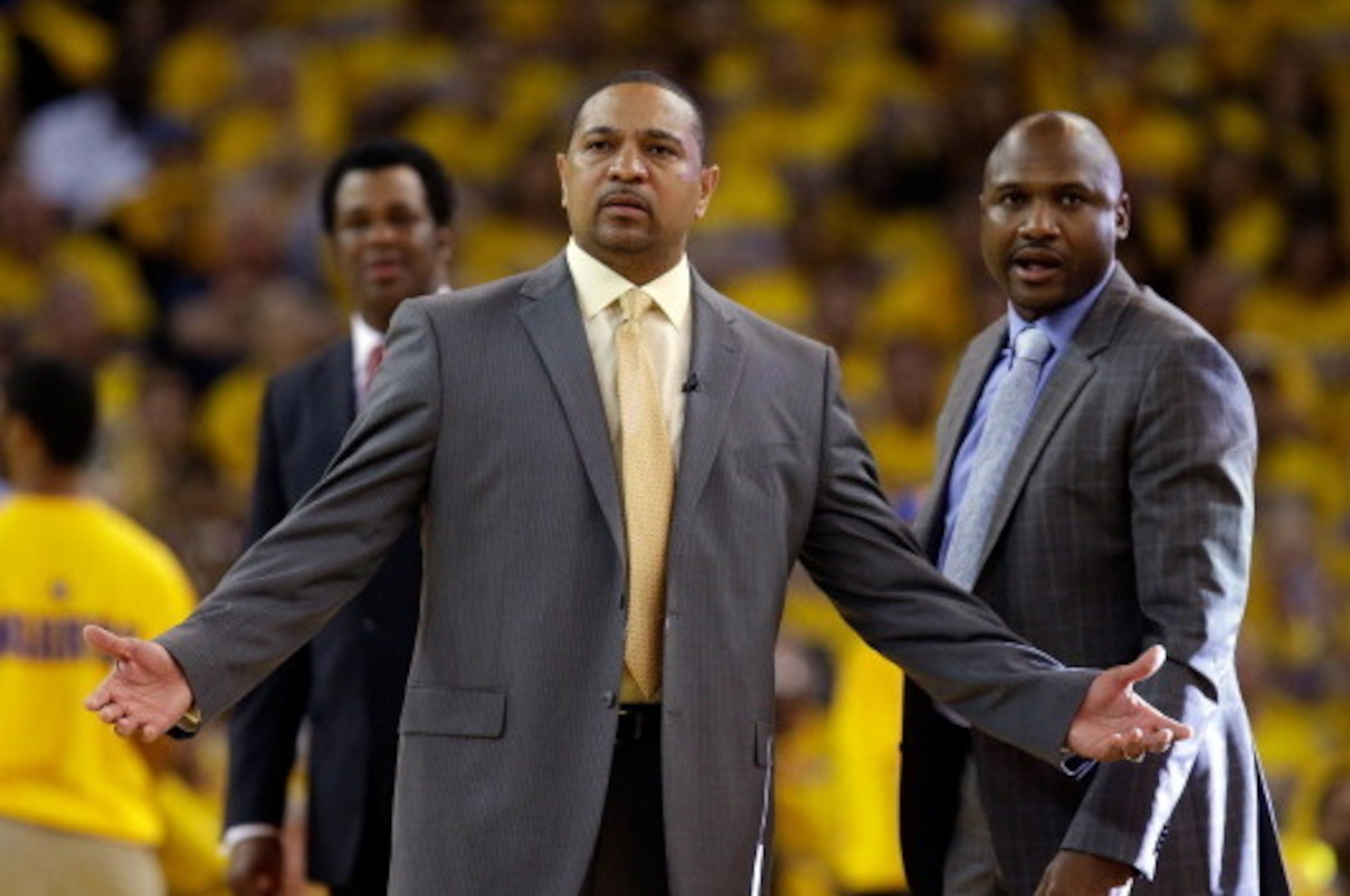 OAKLAND, CA - MAY 01:  Head coach Mark Jackson of the Golden State Warriors questions a call during their game against the Los Angeles Clippers in Game Six of the Western Conference Quarterfinals during the 2014 NBA Playoffs at ORACLE Arena on May 1, 2014