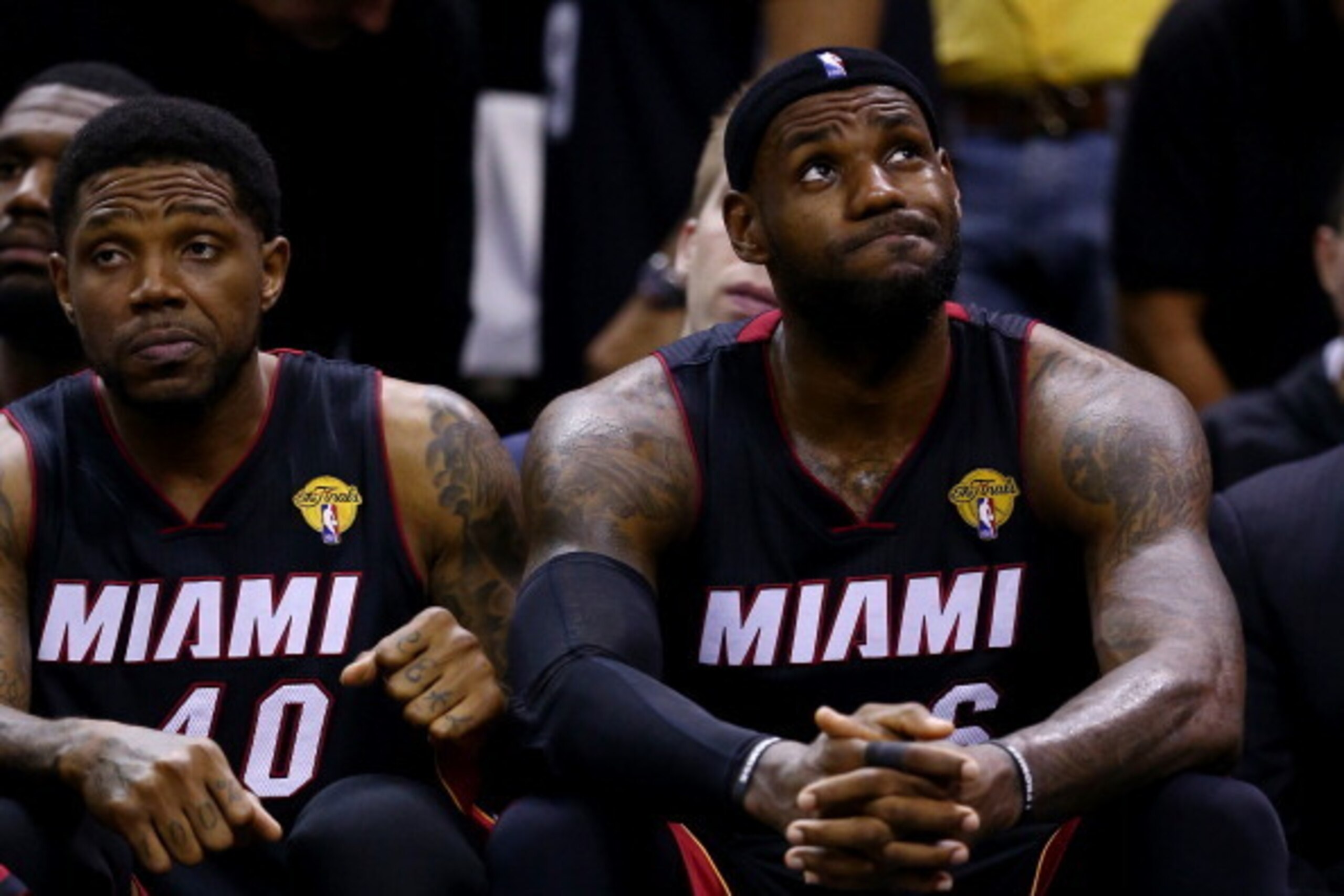SAN ANTONIO, TX - JUNE 15:  LeBron James #6 of the Miami Heat reacts on the bench against the San Antonio Spurs during Game Five of the 2014 NBA Finals at the AT&T Center on June 15, 2014 in San Antonio, Texas. NOTE TO USER: User expressly acknowledges an