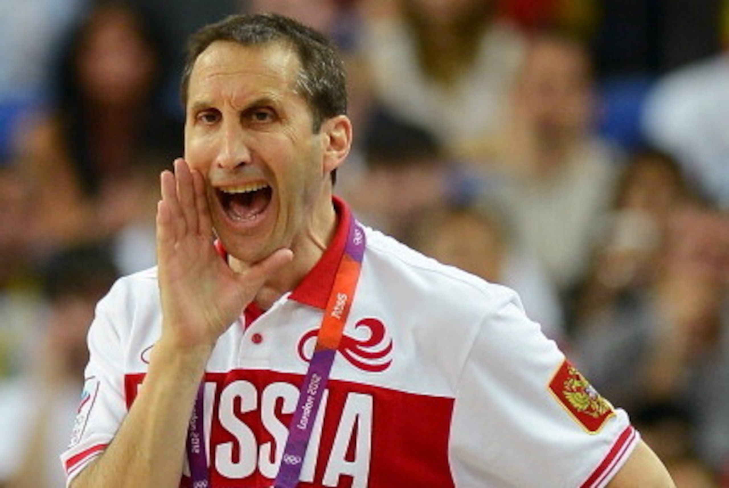 LONDON, ENGLAND - AUGUST 10:  Head coach David Blatt of Russia calls out while taking on Spain during the Men's Basketball semifinal match on Day 14 of the London 2012 Olympic Games at the North Greenwich Arena on August 10, 2012 in London, England.  (Pho
