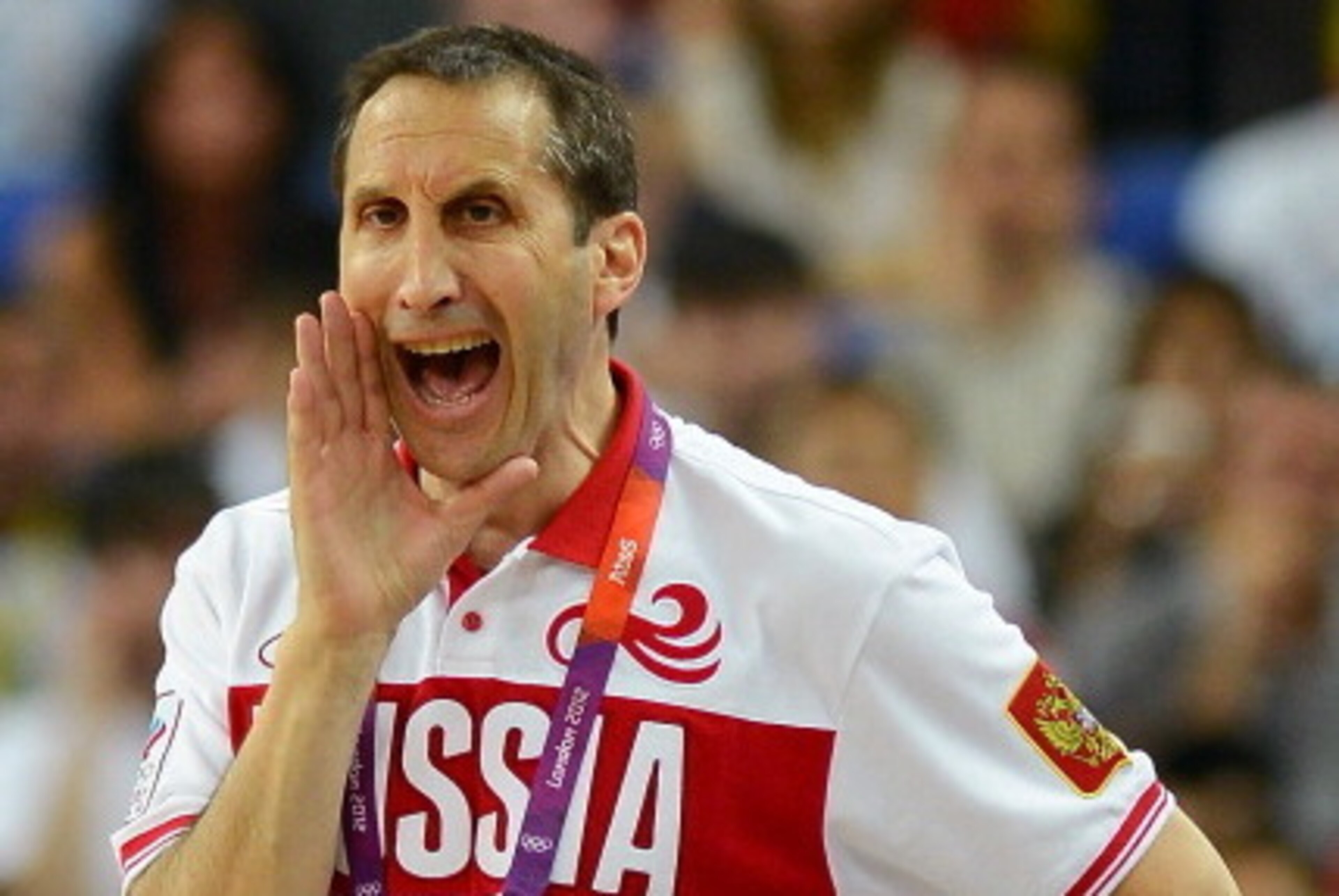 LONDON, ENGLAND - AUGUST 10:  Head coach David Blatt of Russia calls out while taking on Spain during the Men's Basketball semifinal match on Day 14 of the London 2012 Olympic Games at the North Greenwich Arena on August 10, 2012 in London, England.  (Pho