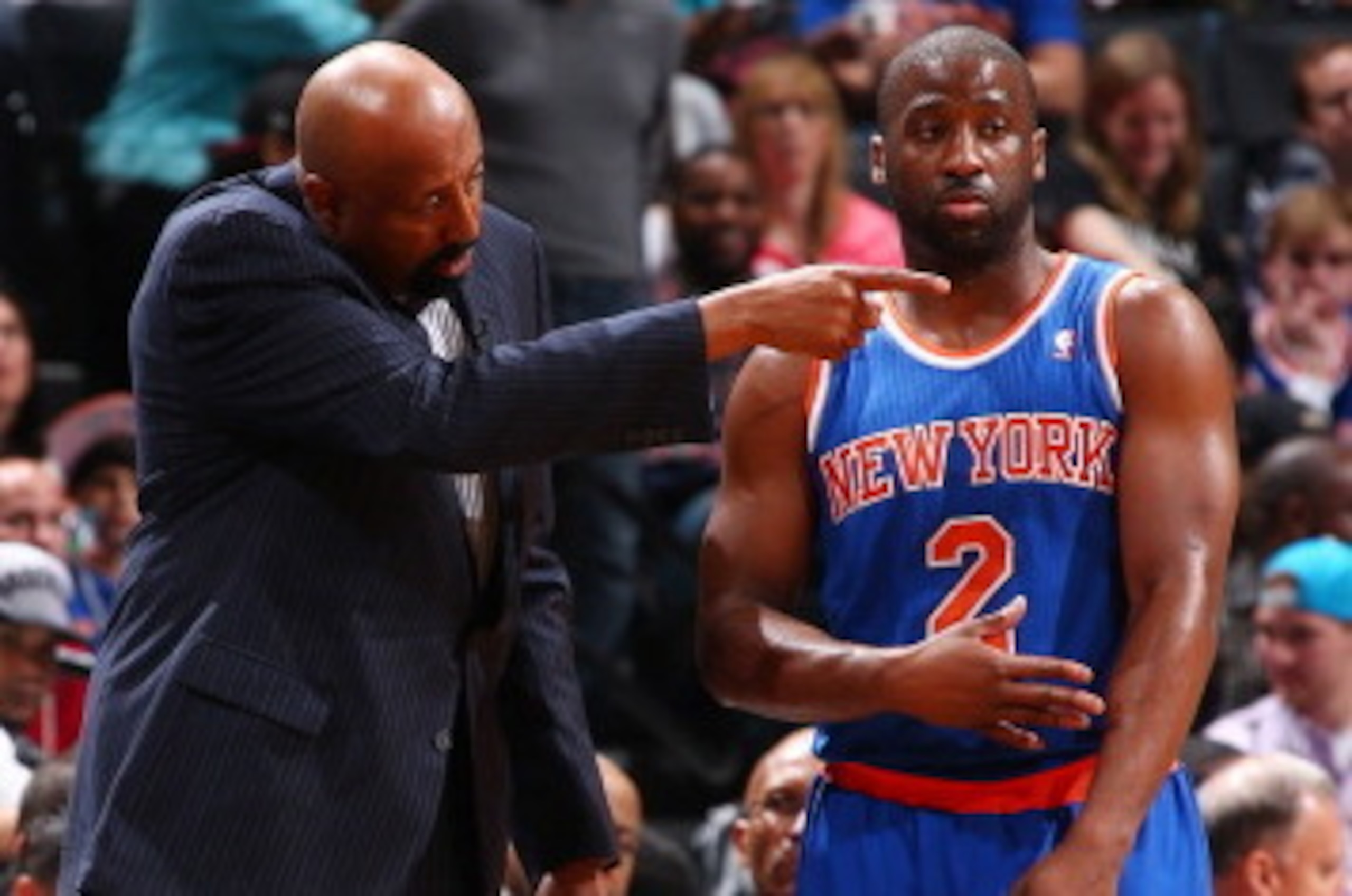 BROOKLYN, NY - APRIL 15: Head Coach Mike Woodson of the New York Knicks talks with Raymond Felton #2 during a game against the Brooklyn Nets at Barclays Center in Brooklyn. NOTE TO USER: User expressly acknowledges and agrees that, by downloading and or u BROOKLYN, NY - APRIL 15: Head Coach Mike Woodson of the New York Knicks talks with Raymond Felton #2 during a game against the Brooklyn Nets at Barclays Center in Brooklyn. NOTE TO USER: User expressly acknowledges and agrees that, by downloading and or u