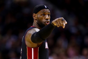 SAN ANTONIO, TX - JUNE 15: LeBron James #6 of the Miami Heat calls a play against the San Antonio Spurs during Game Five of the 2014 NBA Finals at the AT&T Center on June 15, 2014 in San Antonio, Texas. NOTE TO USER: User expressly acknowledges and agrees