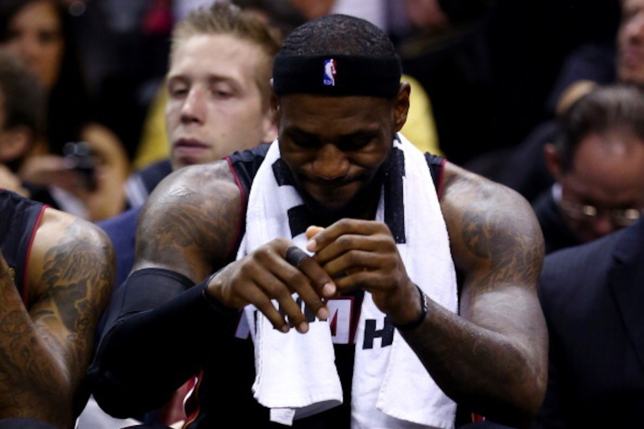 SAN ANTONIO, TX - JUNE 15: LeBron James #6 of the Miami Heat reacts on the bench against the San Antonio Spurs during Game Five of the 2014 NBA Finals at the AT&T Center on June 15, 2014 in San Antonio, Texas. NOTE TO USER: User expressly acknowledges an SAN ANTONIO, TX - JUNE 15: LeBron James #6 of the Miami Heat reacts on the bench against the San Antonio Spurs during Game Five of the 2014 NBA Finals at the AT&T Center on June 15, 2014 in San Antonio, Texas. NOTE TO USER: User expressly acknowledges an