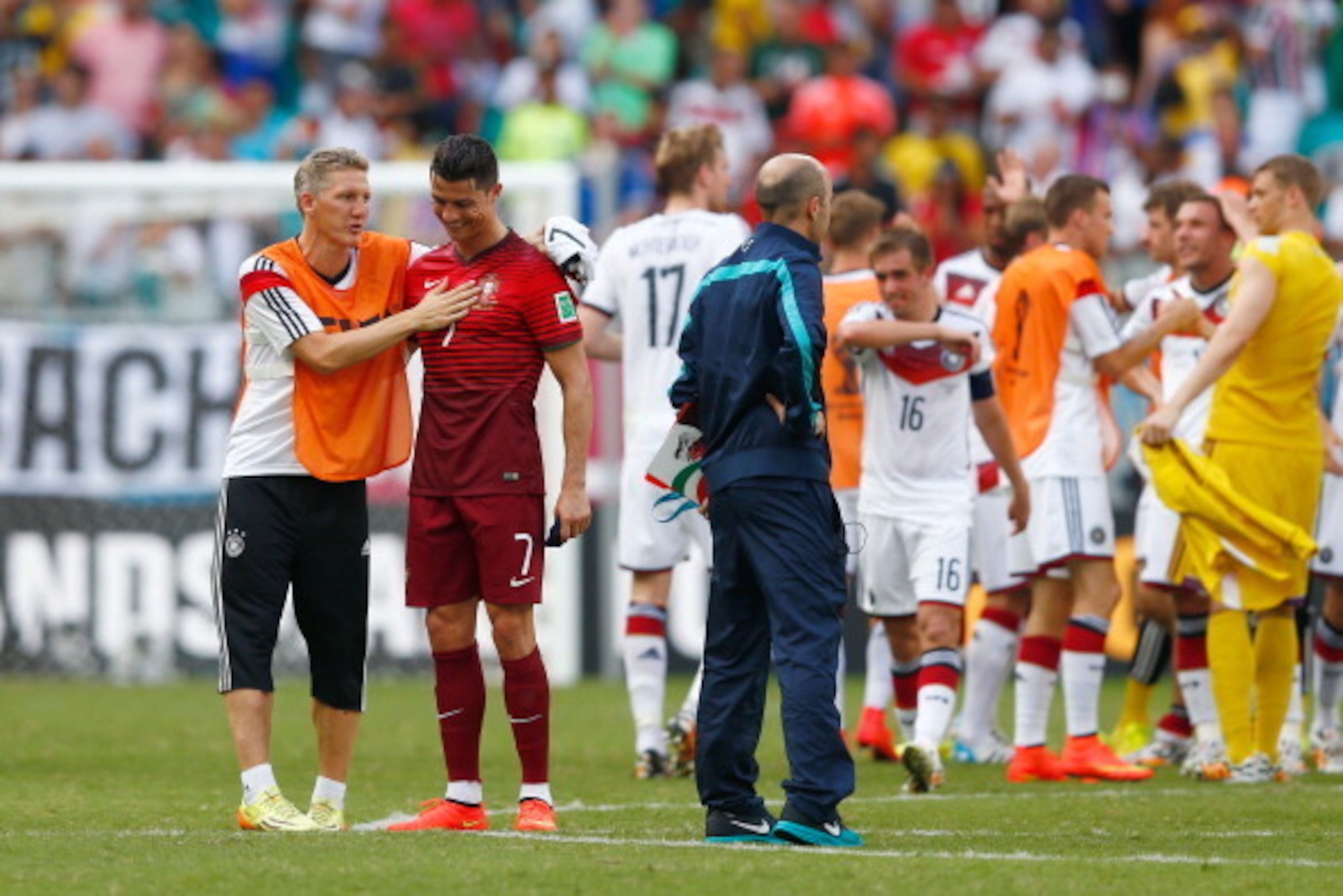 SALVADOR, BRAZIL - JUNE 16:  Bastian Schweinsteiger of Germany speaks with Cristiano Ronaldo of Portugal after the 2014 FIFA World Cup Brazil Group G match between Germany and Portugal at Arena Fonte Nova on June 16, 2014 in Salvador, Brazil.  (Photo by P