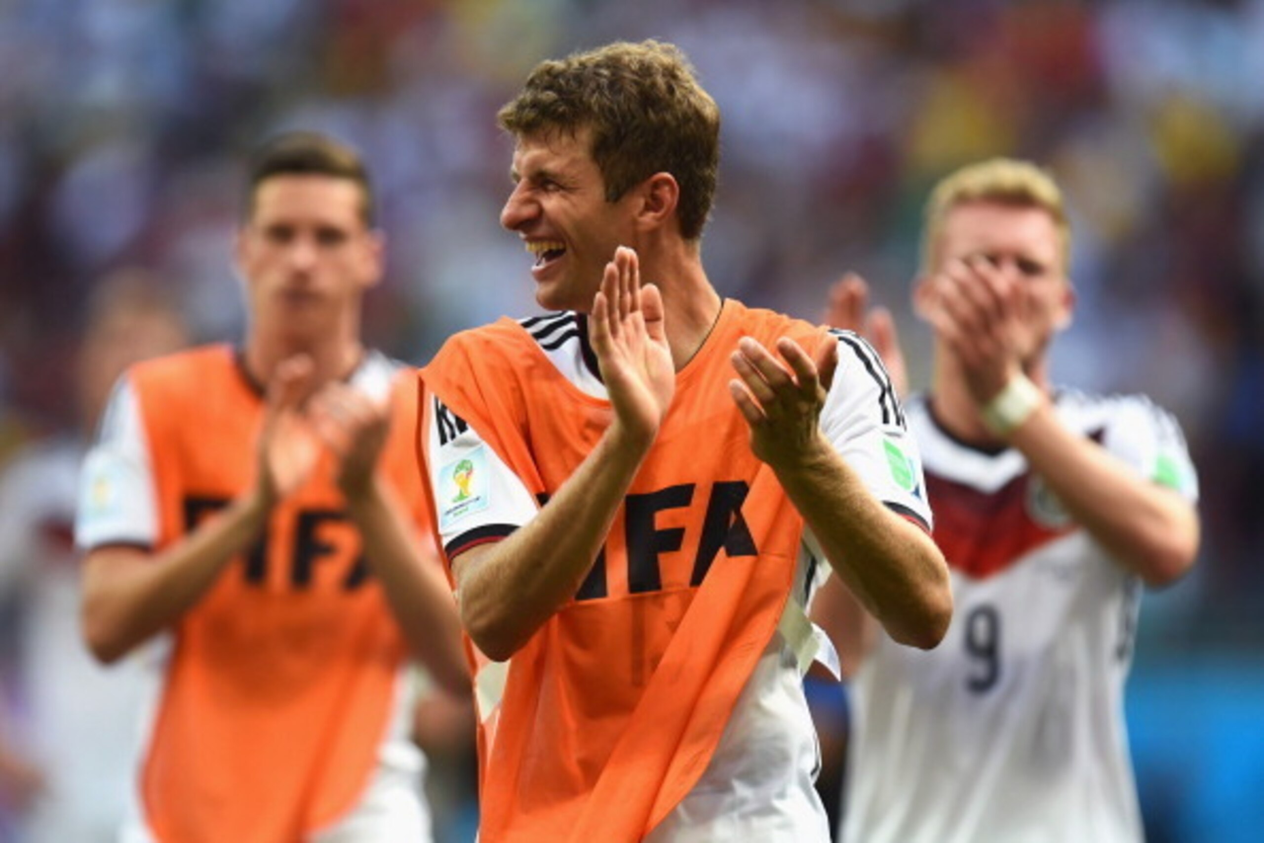 SALVADOR, BRAZIL - JUNE 16:  Thomas Mueller of Germany acknowledges the fans after scoring a hat trick and defeating Portugal 4-0 during the 2014 FIFA World Cup Brazil Group G match between Germany and Portugal at Arena Fonte Nova on June 16, 2014 in Salv