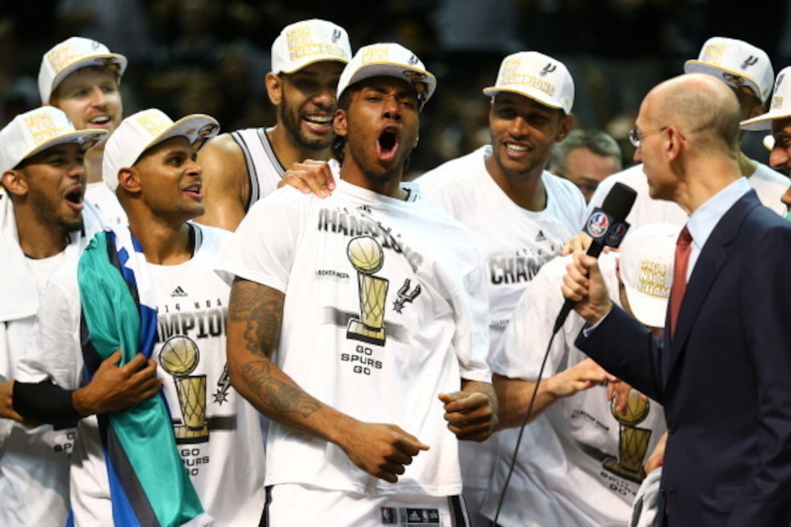SAN ANTONIO, TX - JUNE 15:  Kawhi Leonard #2 of the San Antonio Spurs celebrates after being named the MVP following Game Five of the 2014 NBA Finals against the Miami Heat at the AT&T Center on June 15, 2014 in San Antonio, Texas. NOTE TO USER: User expr