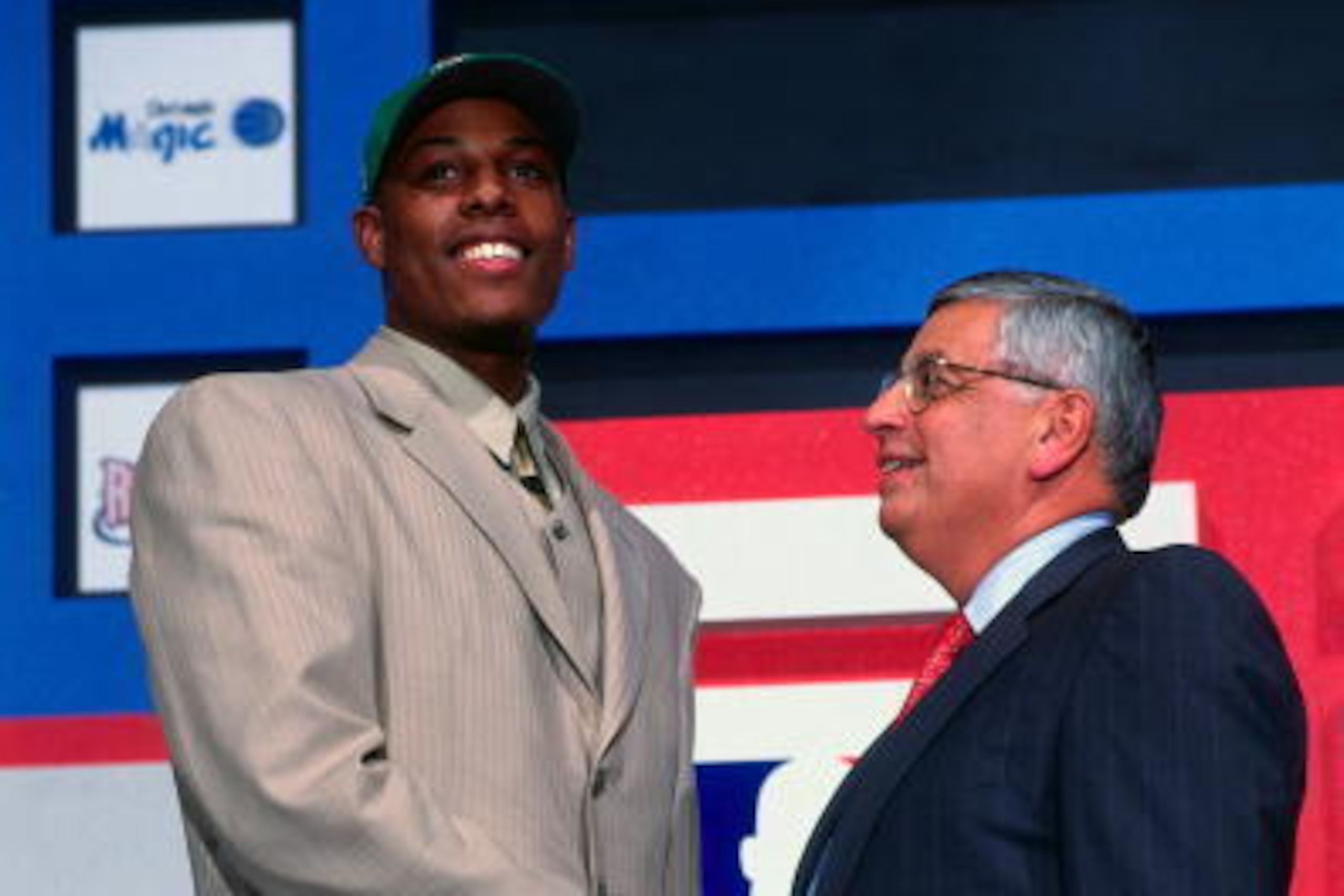 NEW YORK - 1998:  Paul Pierce shakes hands with NBA Commissioner David Stern after being selected by the Boston Celtics at the 1998 NBA Draft in New York, New York. NOTE TO USER: User expressly acknowledges that, by downloading and or using this photograp