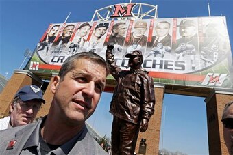 John Harbaugh was honored with a statue in Miami's Cradle of Coaches in 2014.