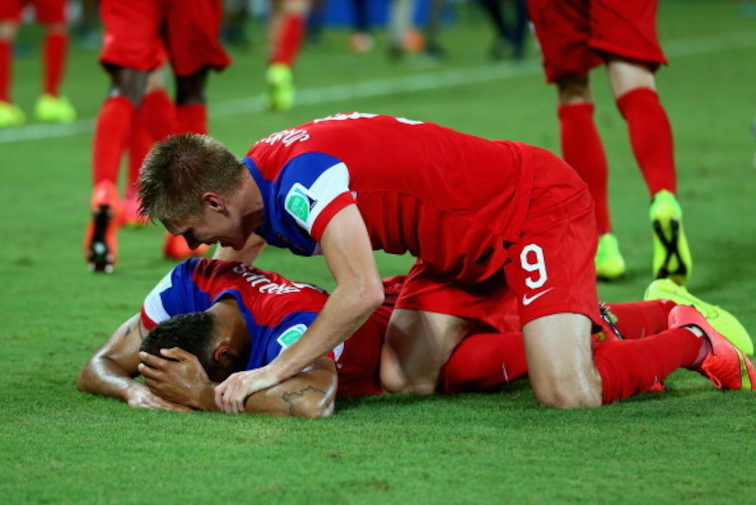 NATAL, BRAZIL - JUNE 16:  John Brooks of the United States celebrates scoring his team's second goal with Aron Johannsson during the 2014 FIFA World Cup Brazil Group G match between Ghana and the United States at Estadio das Dunas on June 16, 2014 in Nata