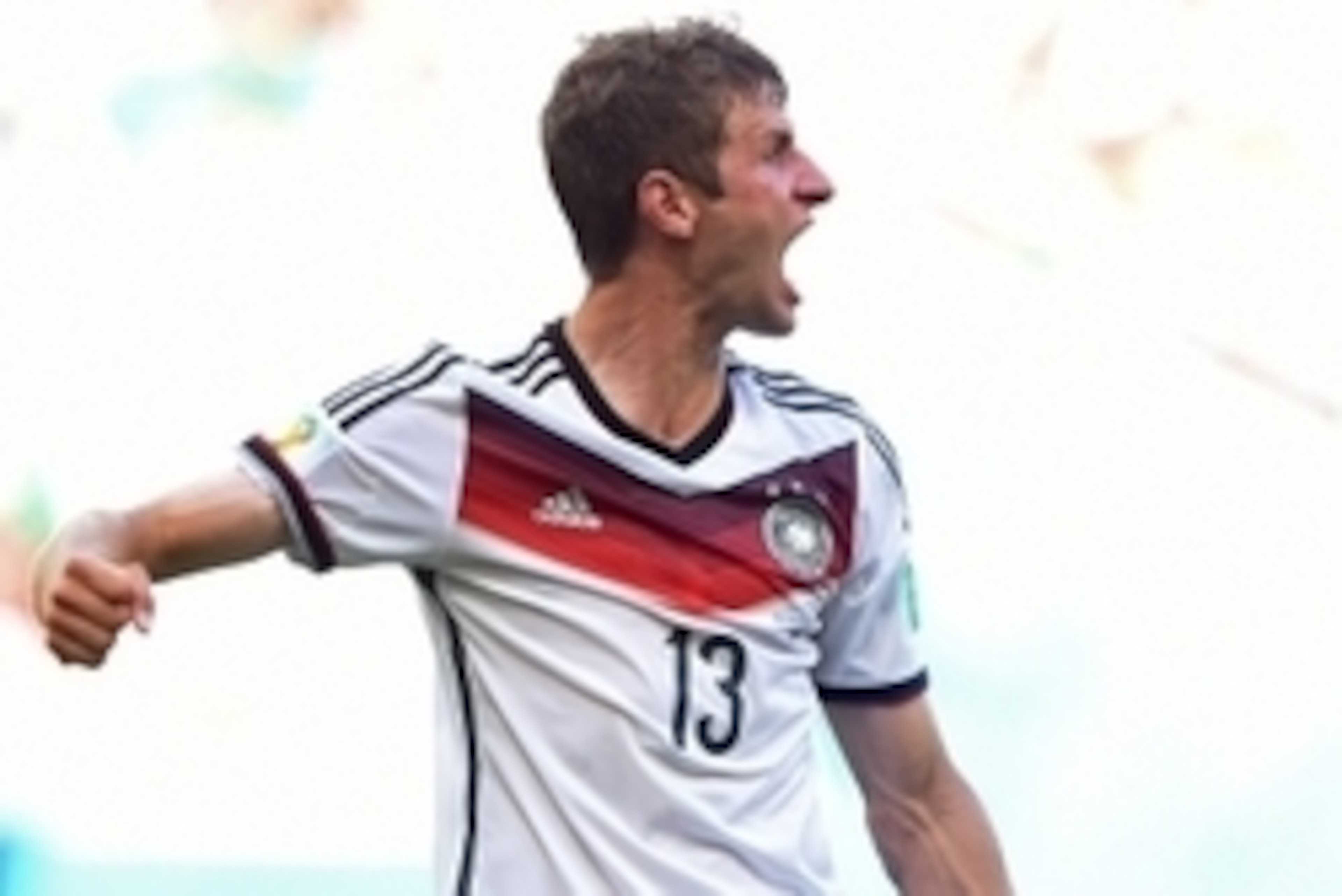 June 16, 2014; Salvador, BRAZIL; Germany player Thomas Mueller celebrates a goal against Portugal during Group G play during the 2014 World Cup at Arena Fonte Nova.  Mandatory Credit: Tim Groothuis/Witters Sport via USA TODAY Sports