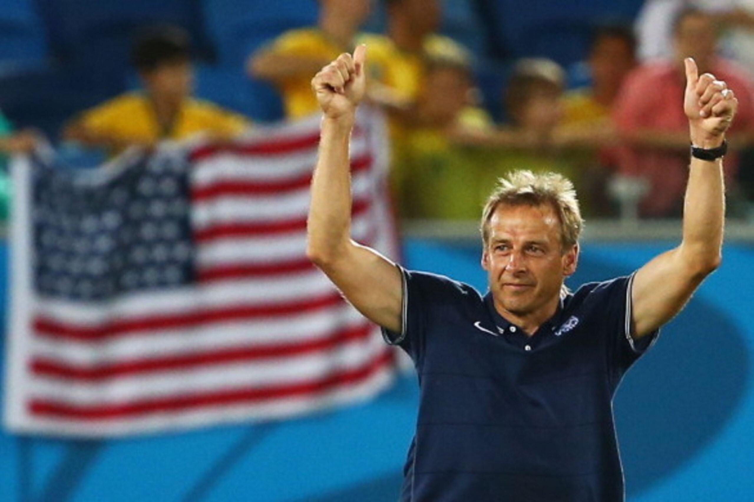 NATAL, BRAZIL - JUNE 16:  Jurgen Klinsmann of the United States celebrates his team's 2-1 victory over Ghana in the 2014 FIFA World Cup Brazil Group G match between Ghana and the United States at Estadio das Dunas on June 16, 2014 in Natal, Brazil.  (Phot