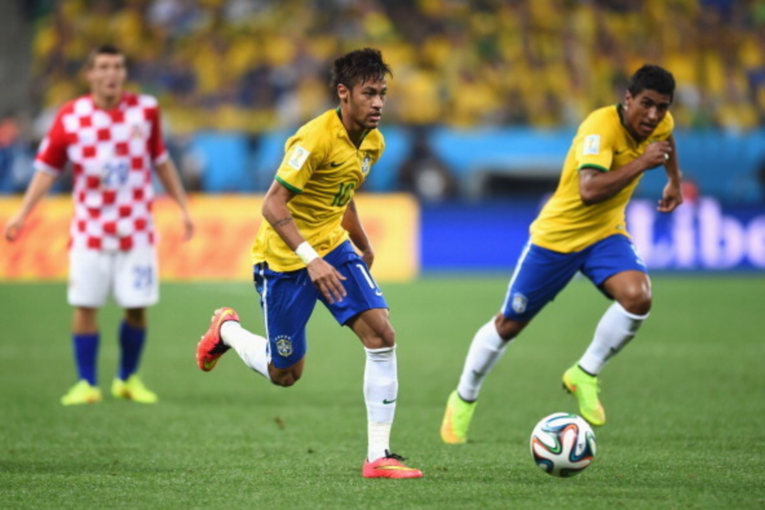 SAO PAULO, BRAZIL - JUNE 12:  Neymar of Brazil runs with the ball during the 2014 FIFA World Cup Brazil Group A match between Brazil and Croatia at Arena de Sao Paulo on June 12, 2014 in Sao Paulo, Brazil.  (Photo by Buda Mendes/Getty Images)