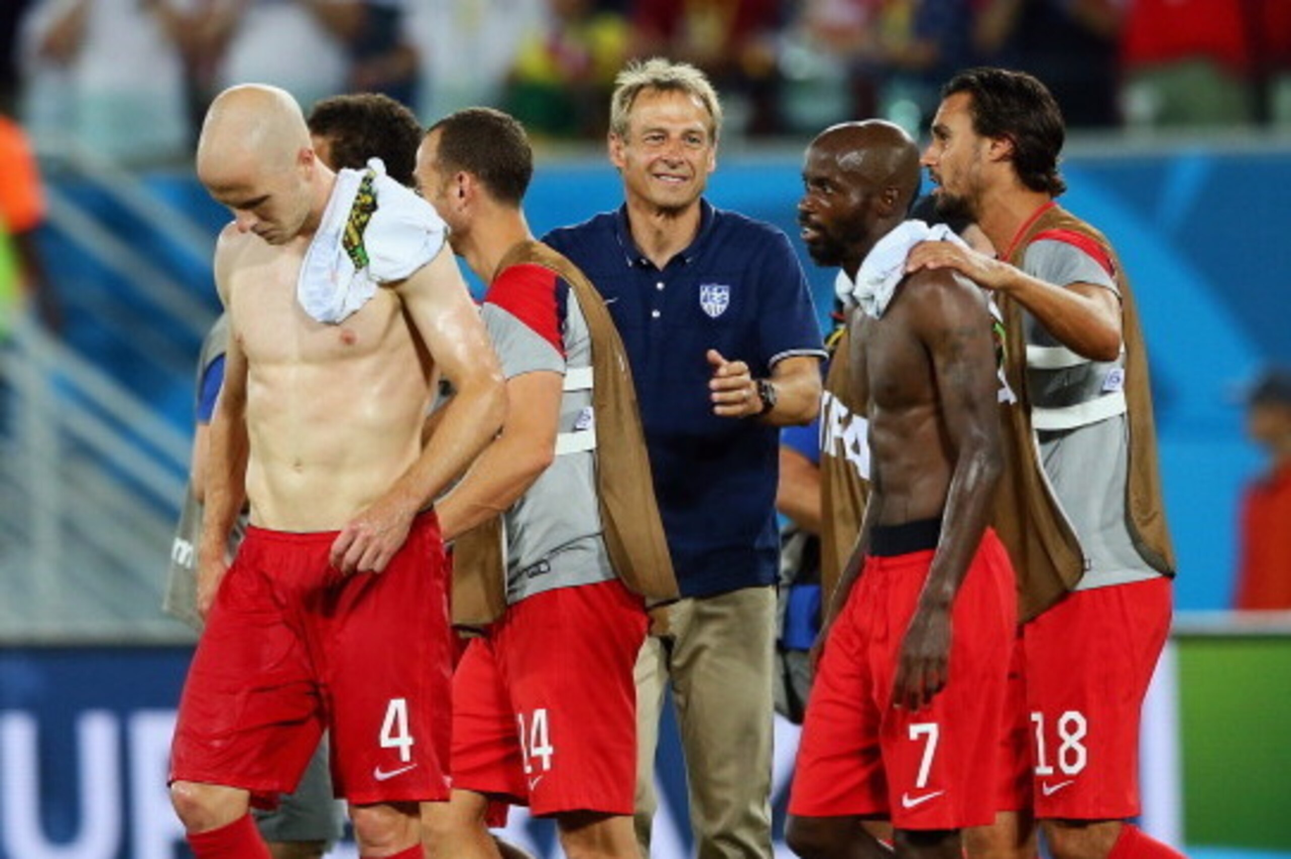 NATAL, BRAZIL - JUNE 16:  Jurgen Klinsmann of the United States smiles off to victory with his team after the 2014 FIFA World Cup Brazil Group G match between Ghana and the United States at Estadio das Dunas on June 16, 2014 in Natal, Brazil.  (Photo by K