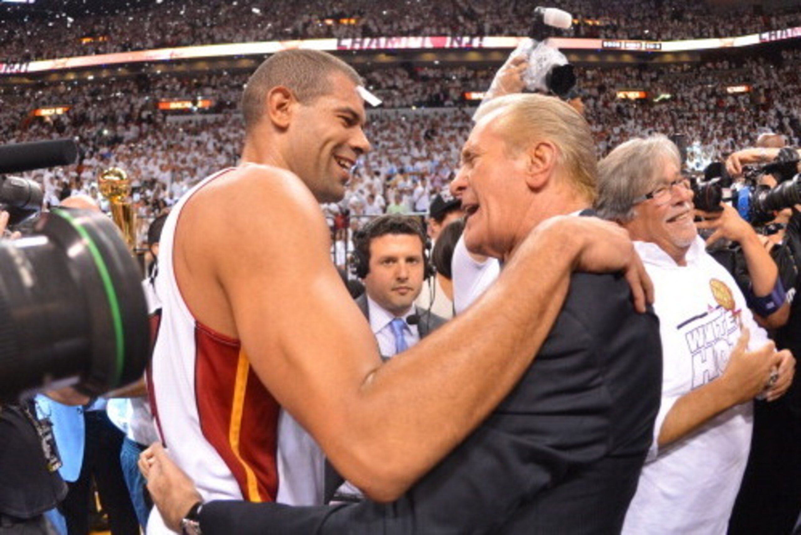 MIAMI, FL - JUNE 20:  Shane Battier #31 of the Miami Heat celebrates with Pat Riley after defeating the San Antonio Spurs in Game Seven during Game Seven of the 2013 NBA Finals on June 20, 2013 at American Airlines Arena in Miami, Florida. NOTE TO USER: U