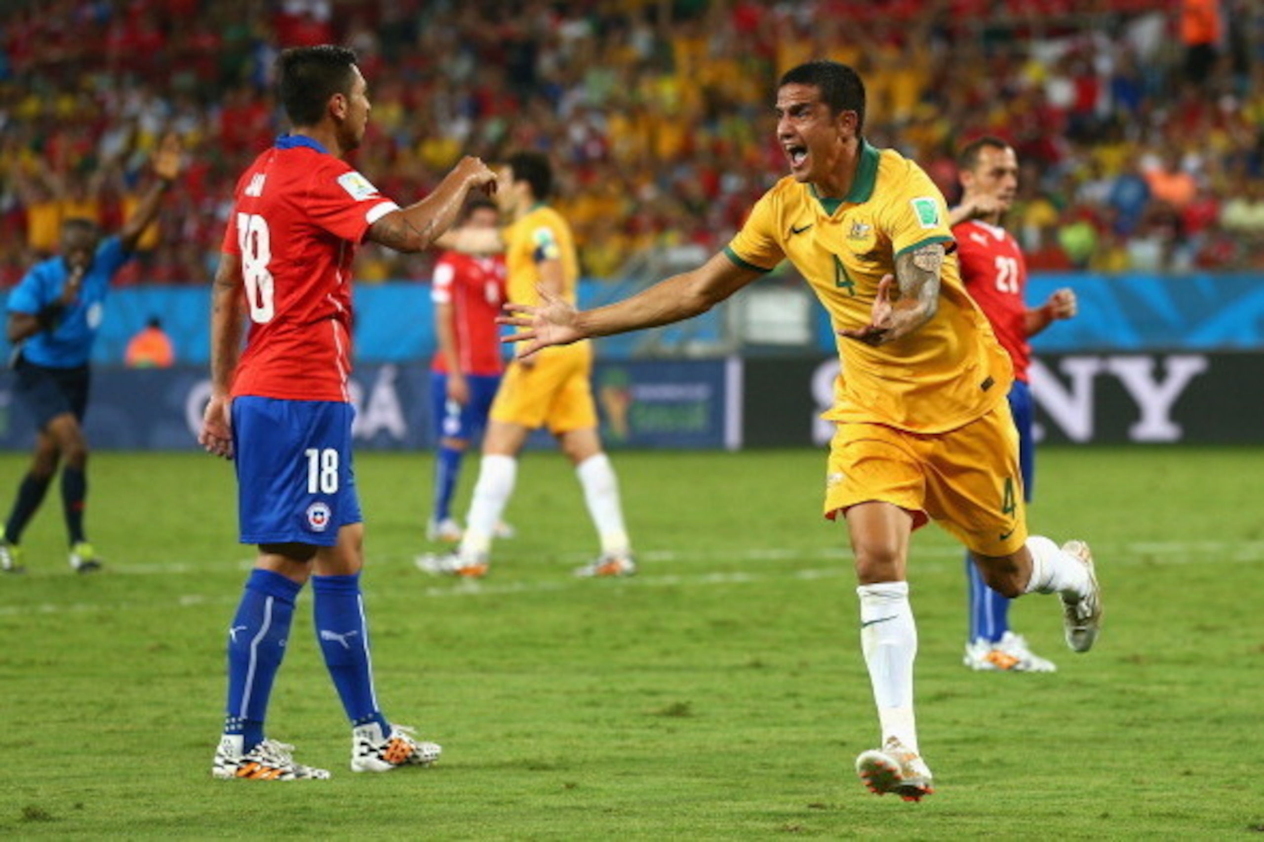 CUIABA, BRAZIL - JUNE 13:  Tim Cahill of Australia reacts after a disallowed goal during the 2014 FIFA World Cup Brazil Group B match between Chile and Australia at Arena Pantanal on June 13, 2014 in Cuiaba, Brazil.  (Photo by Cameron Spencer/Getty Images