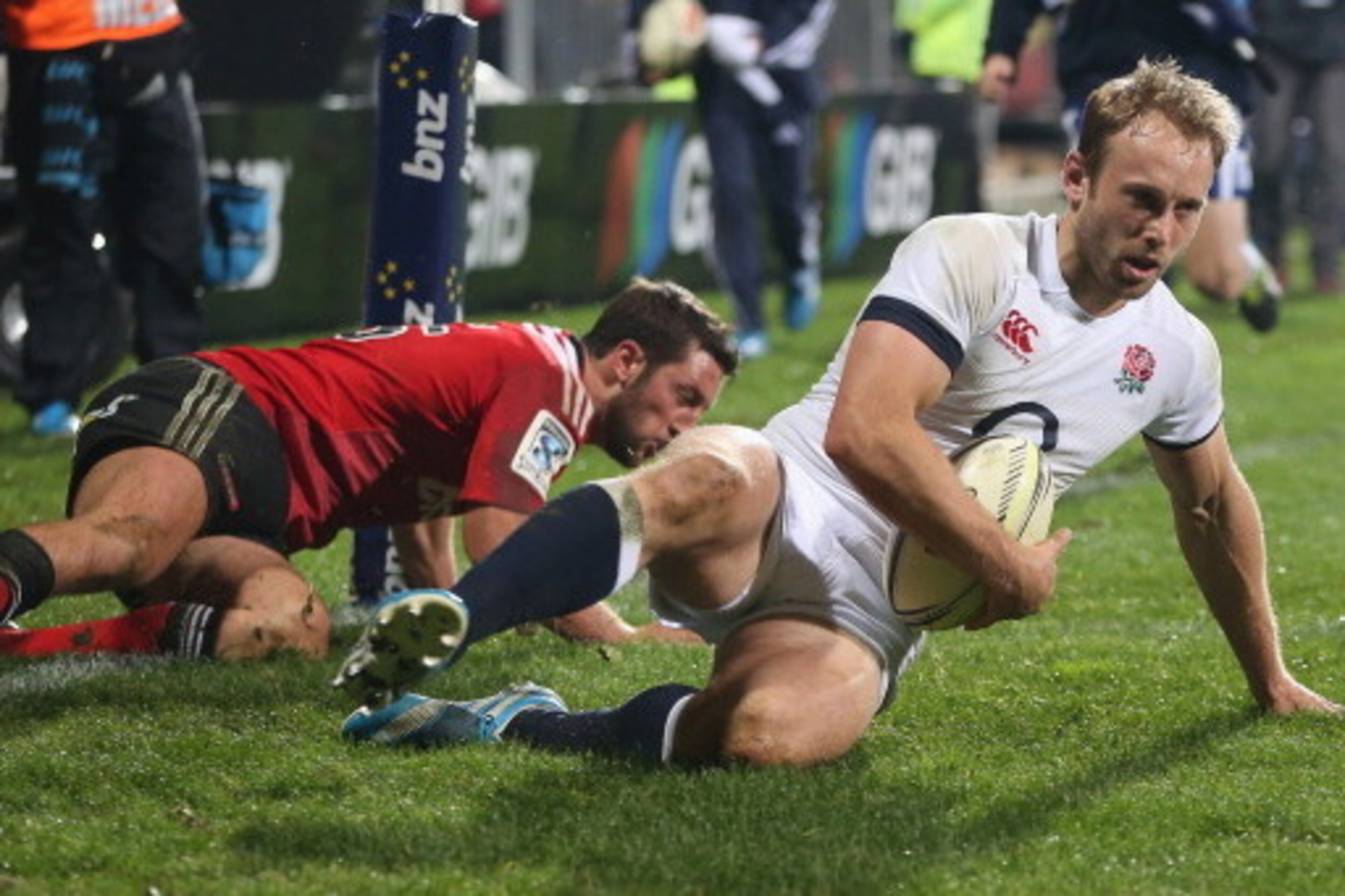 CHRISTCHURCH, NEW ZEALAND - JUNE 17:  Chris Pennell of England dives over for a try during the match between the Crusaders and England at the AMI Stadium on June 17, 2014 in Christchurch, New Zealand.  (Photo by David Rogers/Getty Images)