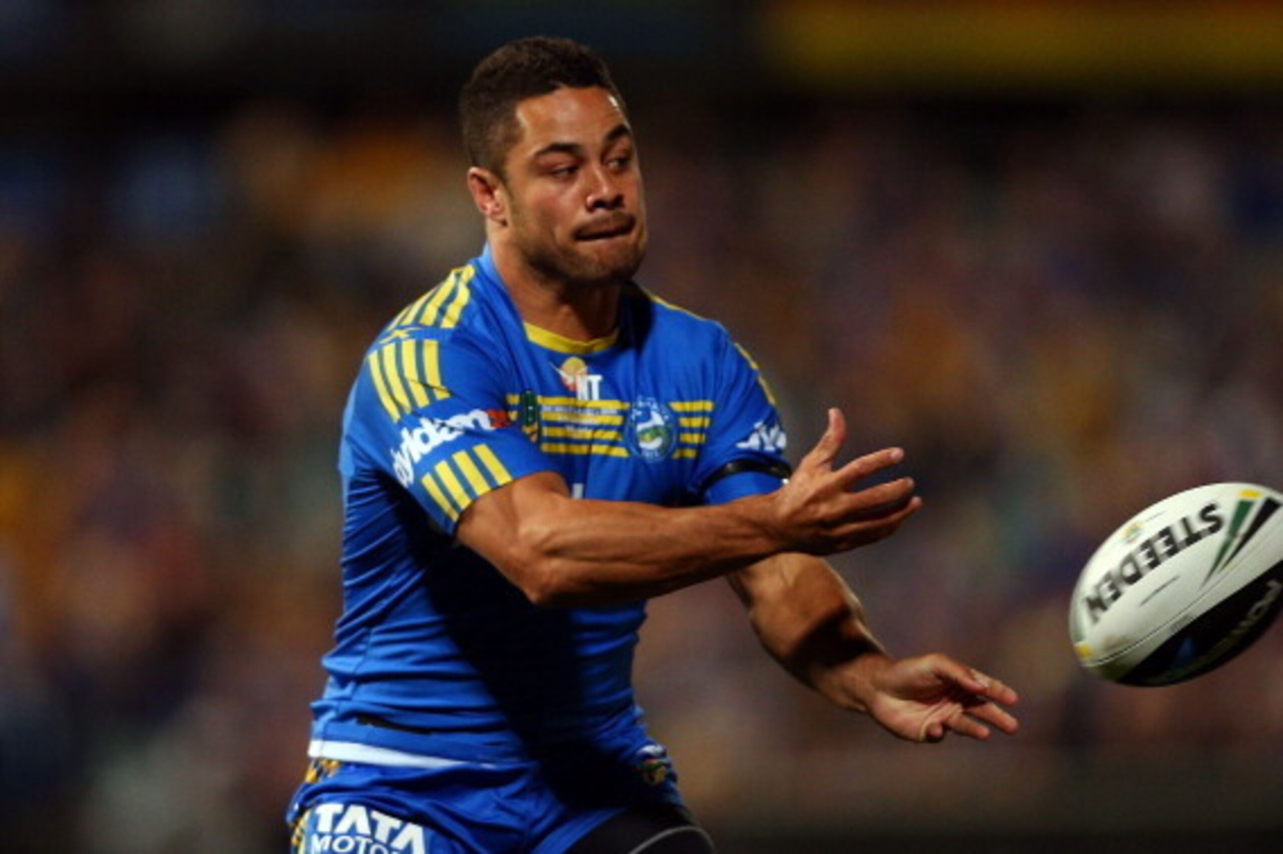 SYDNEY, AUSTRALIA - MAY 12:  Jarryd Hayne of the Eels passes the ball during the round nine NRL match between the Parramatta Eels and the Cronulla-Sutherland Sharks at Pirtek Stadium on May 12, 2014 in Sydney, Australia.  (Photo by Renee McKay/Getty Image