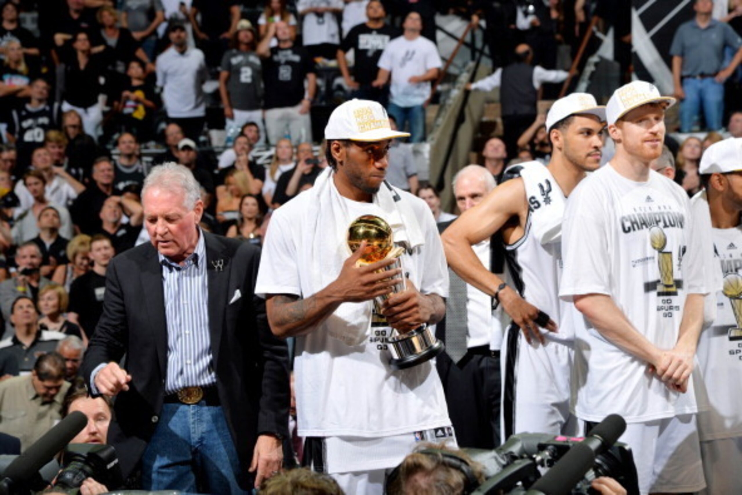 SAN ANTONIO, TX - JUNE 15: Owner Peter Holt and Manu Ginobili #20 of the # of the Miami Heat against the San Antonio Spurs during Game Five of the 2014 NBA Finals on June 15, 2014 at AT&T Center in San Antonio, Texas. NOTE TO USER: User expressly acknowle