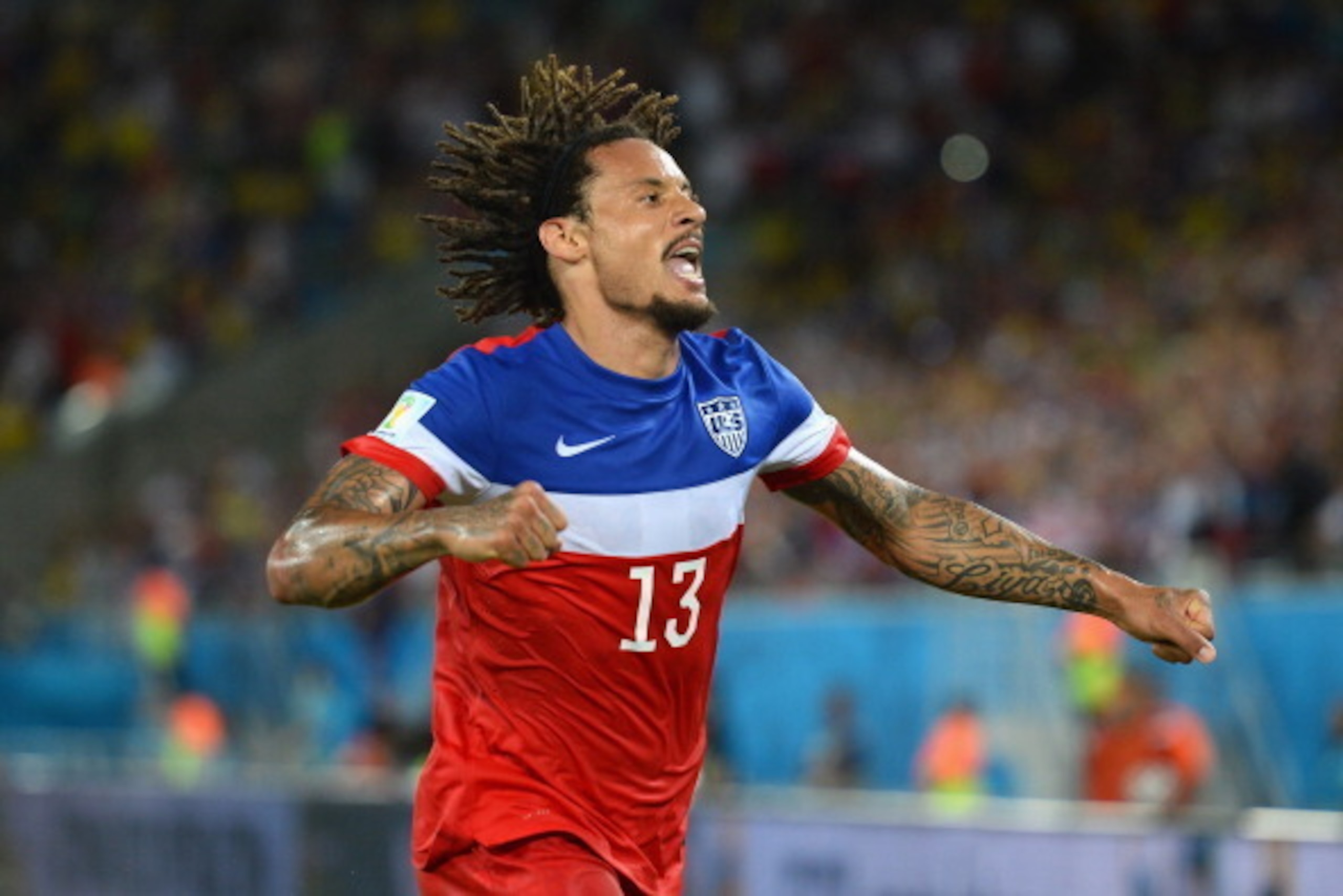 NATAL, BRAZIL - JUNE 16:  Jermaine Jones of the United States celebrates his team's victory 2-1 over Ghana in the 2014 FIFA World Cup Brazil Group G match between Ghana and the United States at Estadio das Dunas on June 16, 2014 in Natal, Brazil.  (Photo 