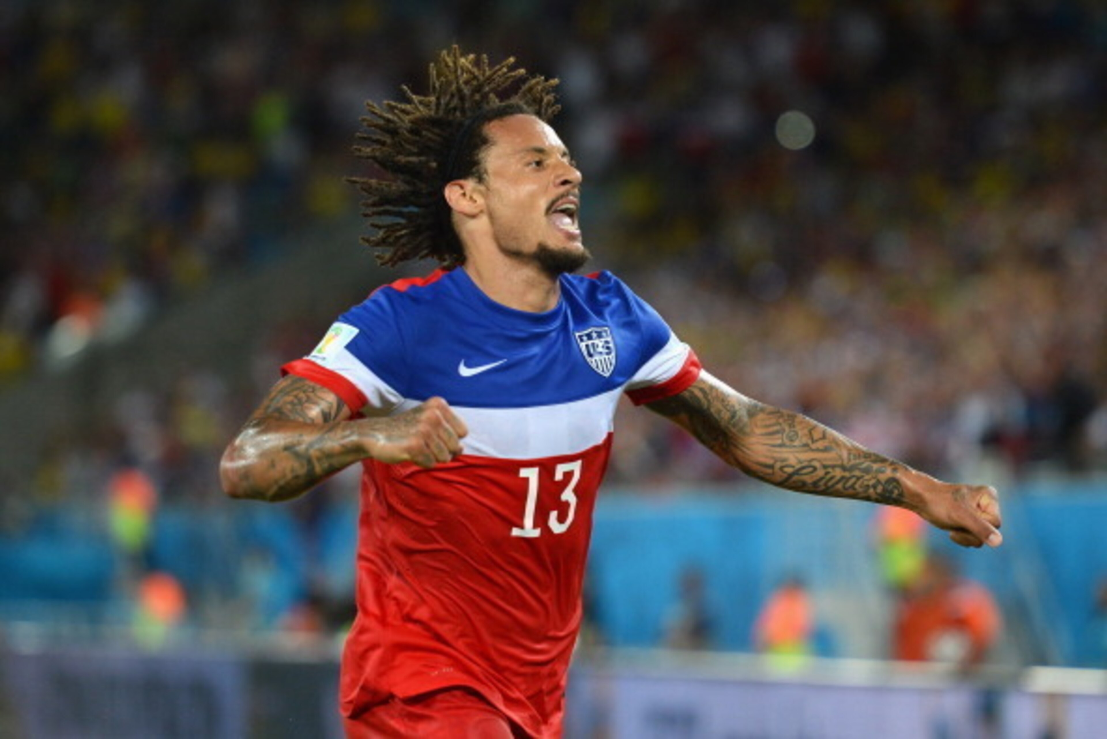 NATAL, BRAZIL - JUNE 16:  Jermaine Jones of the United States celebrates his team's victory 2-1 over Ghana in the 2014 FIFA World Cup Brazil Group G match between Ghana and the United States at Estadio das Dunas on June 16, 2014 in Natal, Brazil.  (Photo 